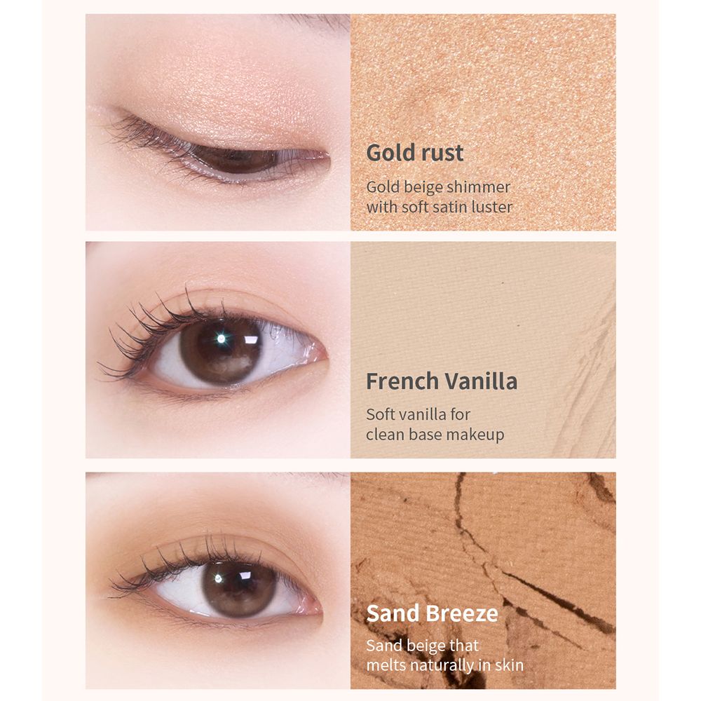 Nahaufnahmen von Augen mit Lidschatten. Gold rust, French Vanilla, Sand Breeze. Textbeschreibungen.