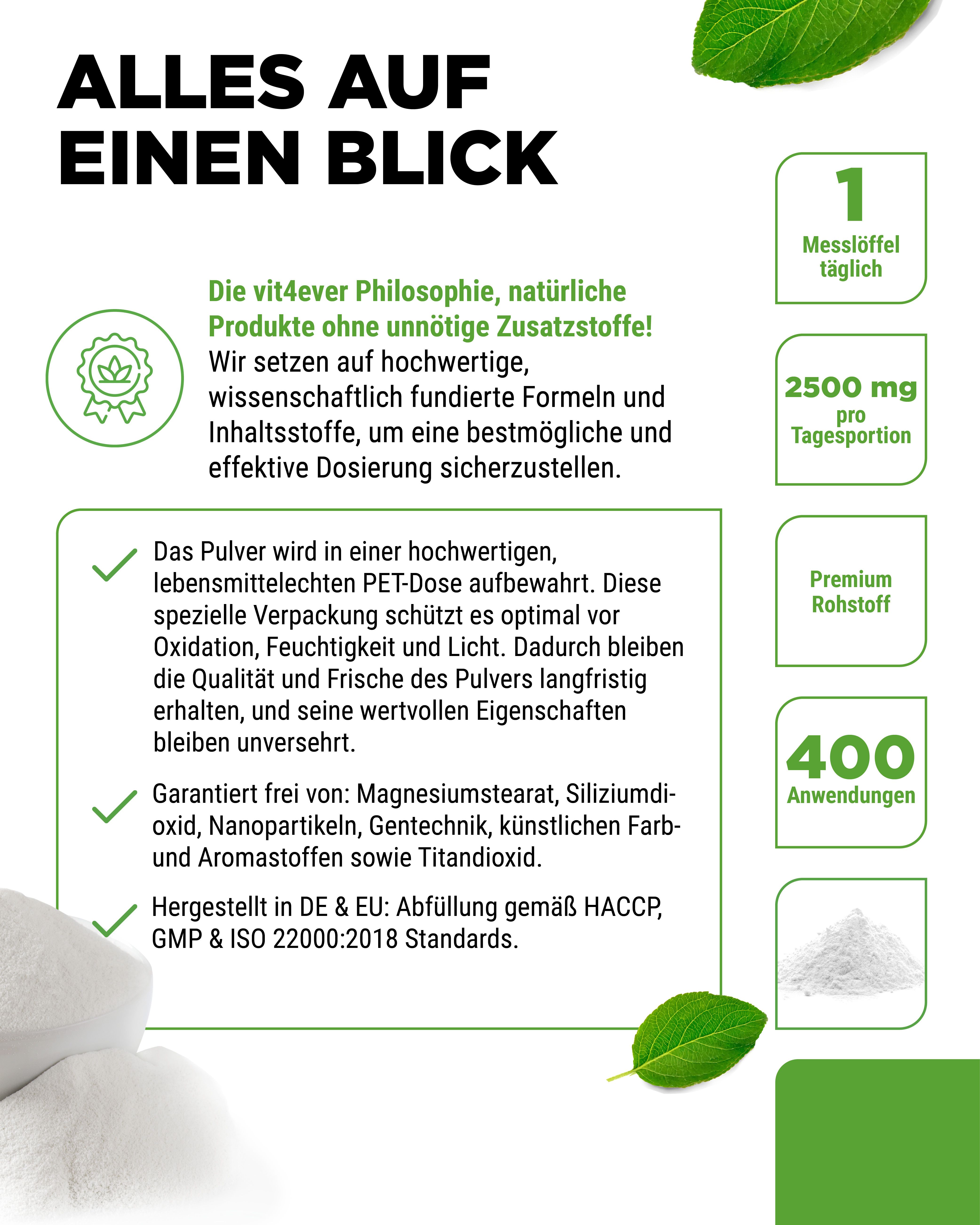 Produktverpackung mit L-Taurin-Pulver. Text: Alles auf einen Blick. 1 Messlöffel täglich. 2500 mg pro Tagesportion. 400 Anwendungen.