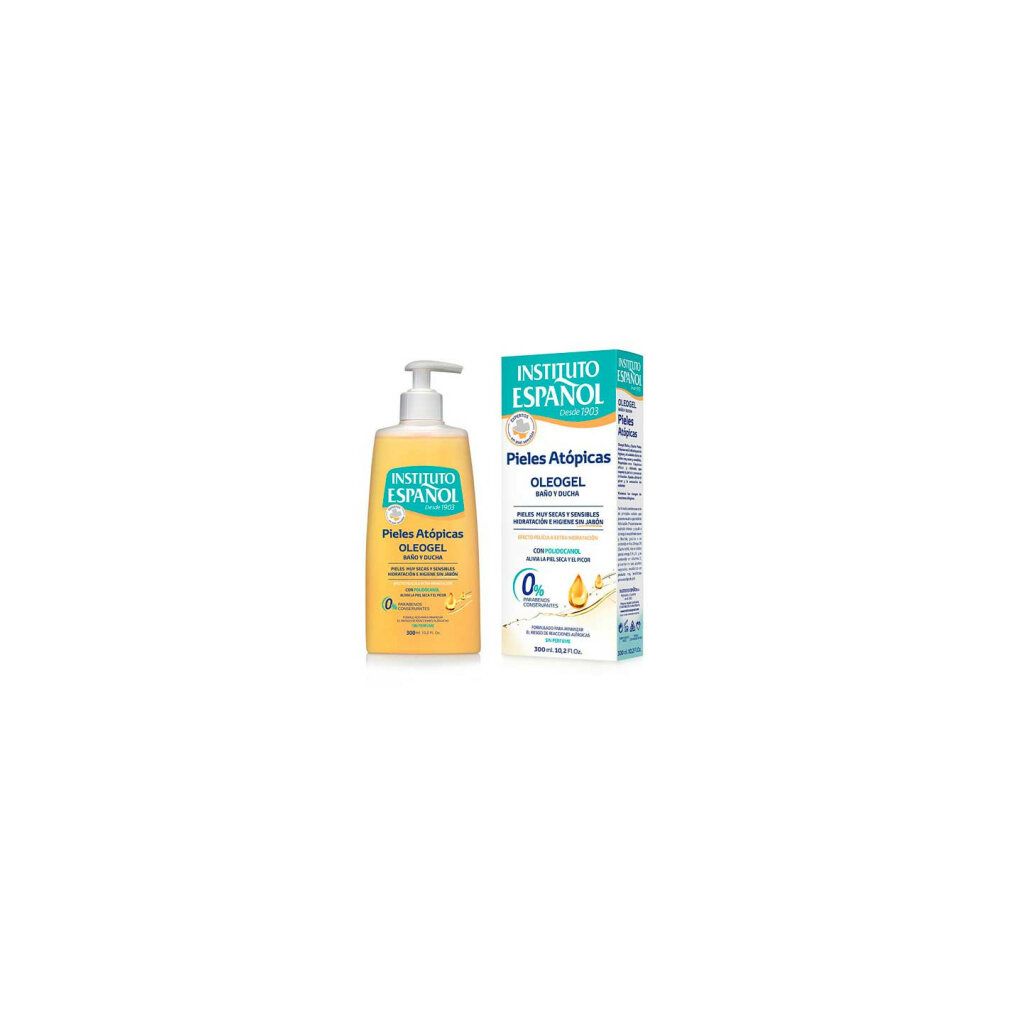 Instituto Español Pelle Atopica Oleogel, Flasche und Verpackung. Gelbe Flüssigkeit, weißer Spender. Text: Pieles Atópicas, 0% Parabene.