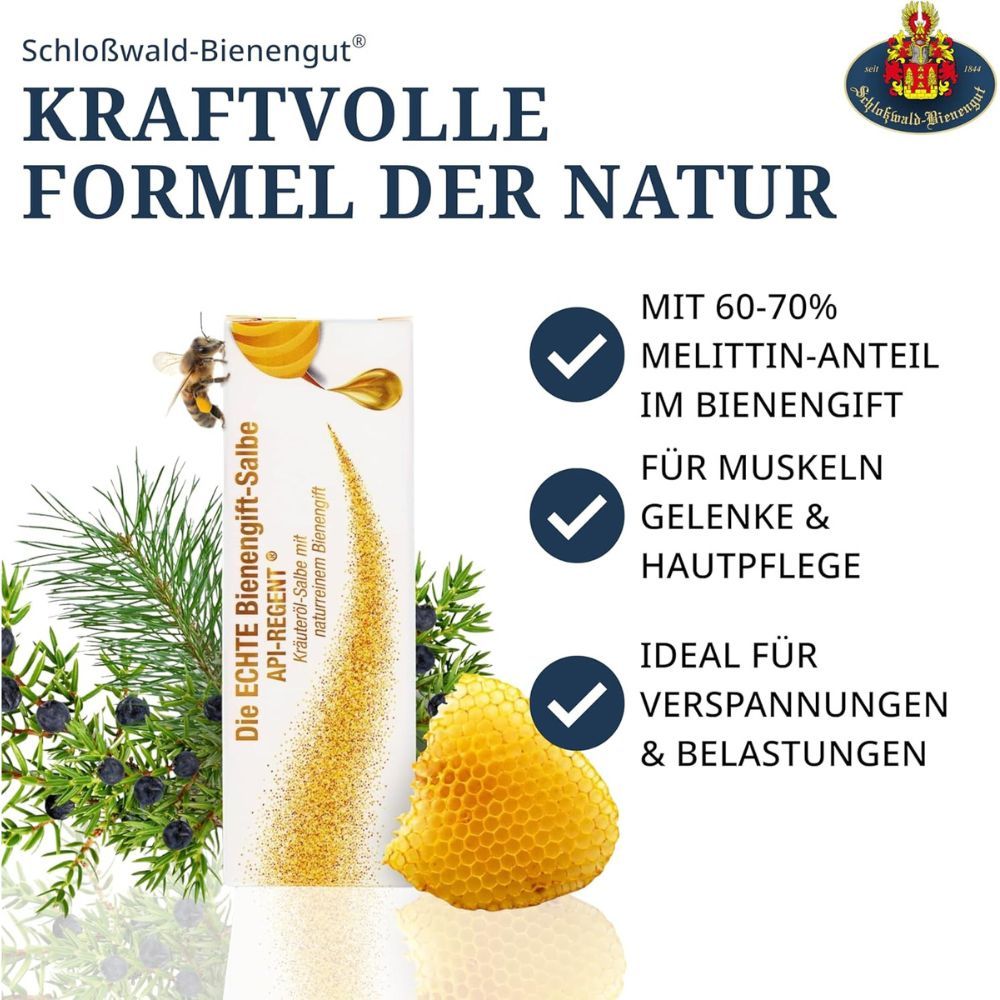 Werbebild. Produktverpackung, Bienen, Honigwabe. Text: Die ECHTE Bienengift-Salbe, Melittin-Anteil, Muskeln & Gelenke.