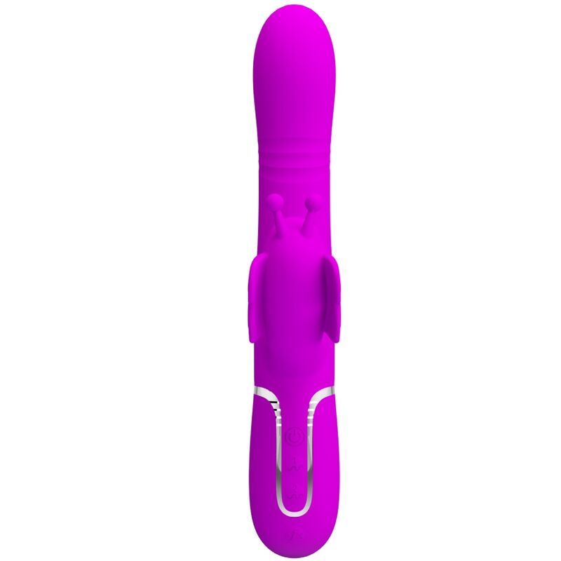 Lila Vibrator mit Hasenohren und zwei Kugeln am Kopf. Glatter Schaft mit silbernem Ring am Griff.