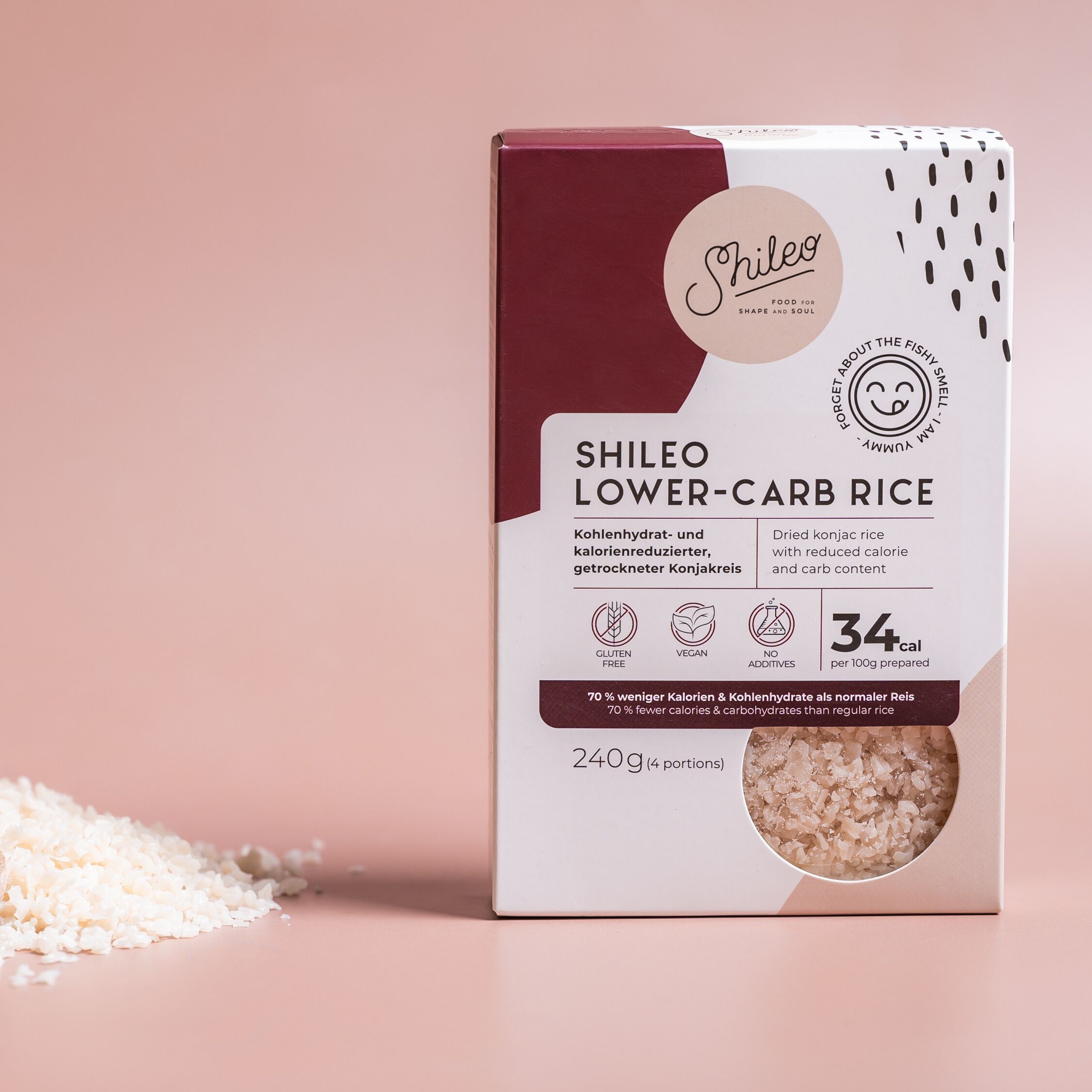 SHILEO Lower-Carb Reis in Kartonverpackung. Logo, Nährwertangaben und Produktbezeichnung. 240g Packung.