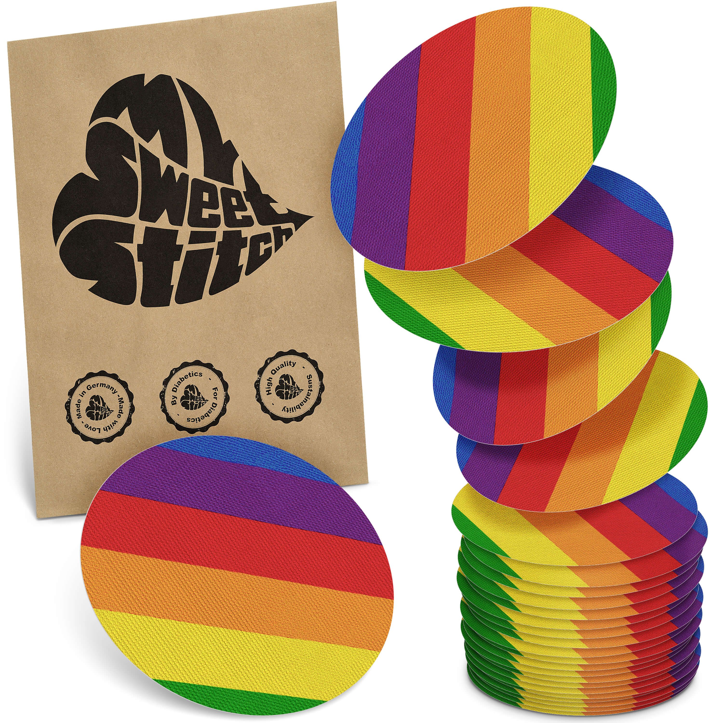 Oval geformte Pflaster in Regenbogenfarben. Braune Verpackung mit Logo und Qualitätssiegeln. Stapel von Pflastern.