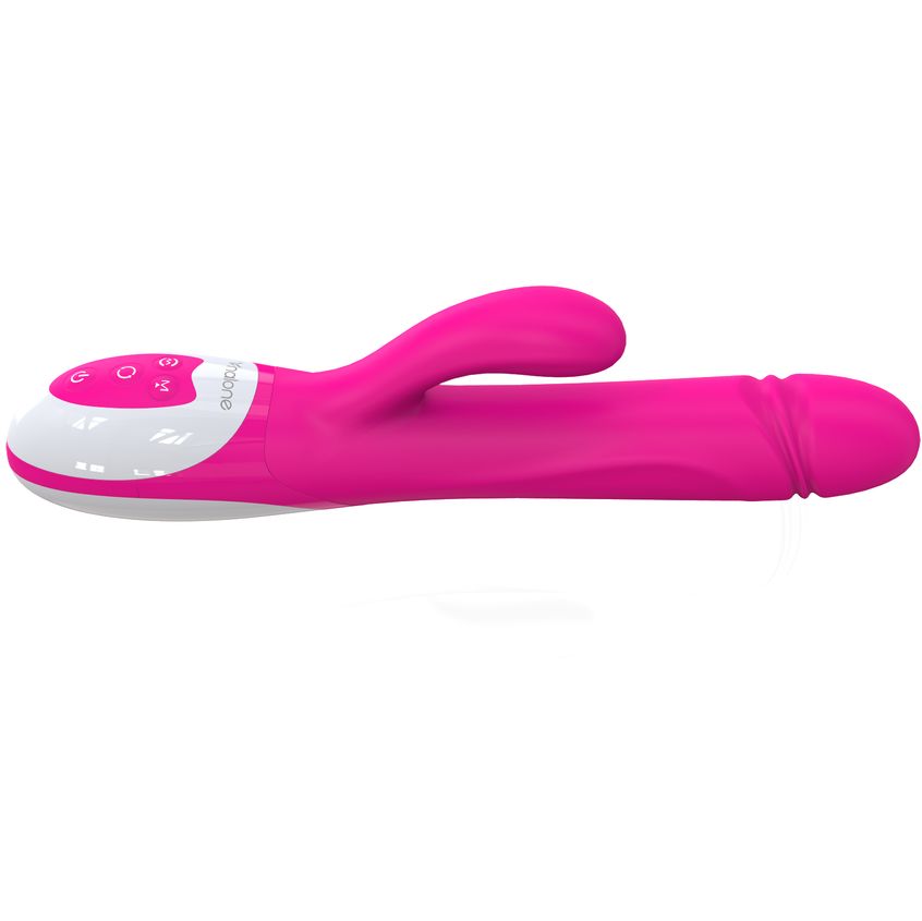 Pinkfarbener Vibrator mit gebogener Spitze und Bedienfeld. Marke: Vnalone. Weißes Bedienfeld mit Knöpfen.