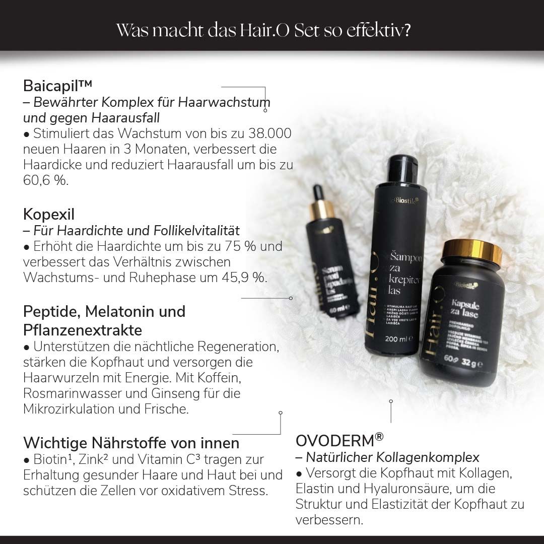 Biostile Hair.O Set: Shampoo, Serum und Kapseln auf einem Holzpodest, umgeben von grünen Blättern.