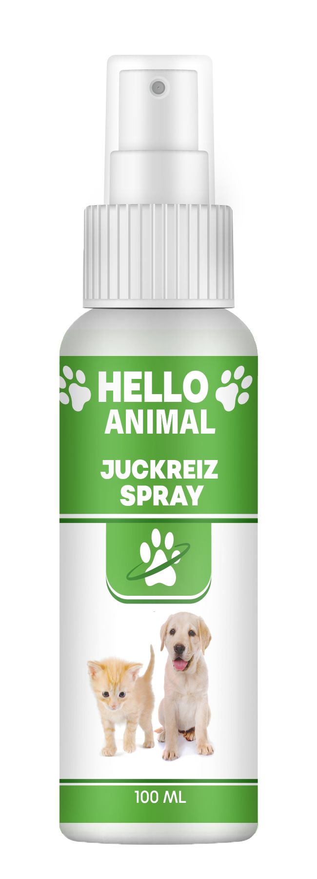 Weißes Spray mit grünem Etikett. Aufschrift: HELLO ANIMAL, Juckreiz Spray. Abbildung: Katze und Hund. 100 ml.