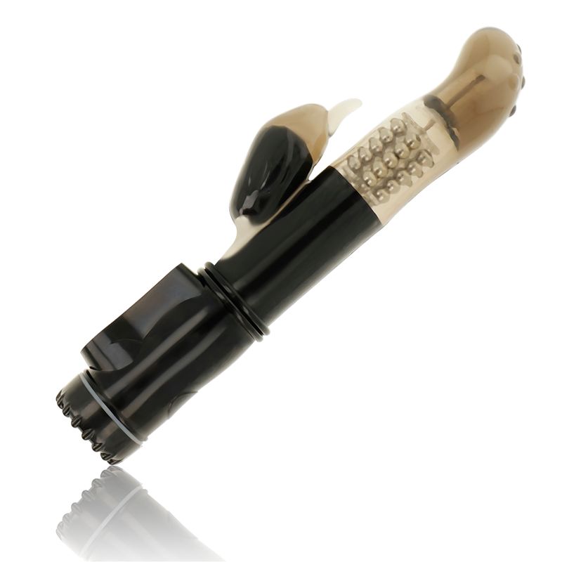 Schwarzer Vibrator mit transparentem Kopf und Noppen. Auf glänzendem Untergrund. Winkelansicht.