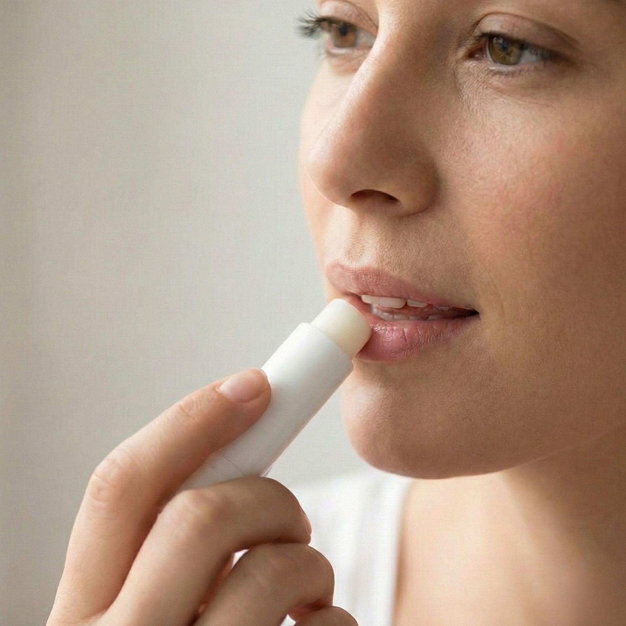 Person trägt Lippenbalsam auf. Weißer Lippenbalsam-Stift. Nahaufnahme.