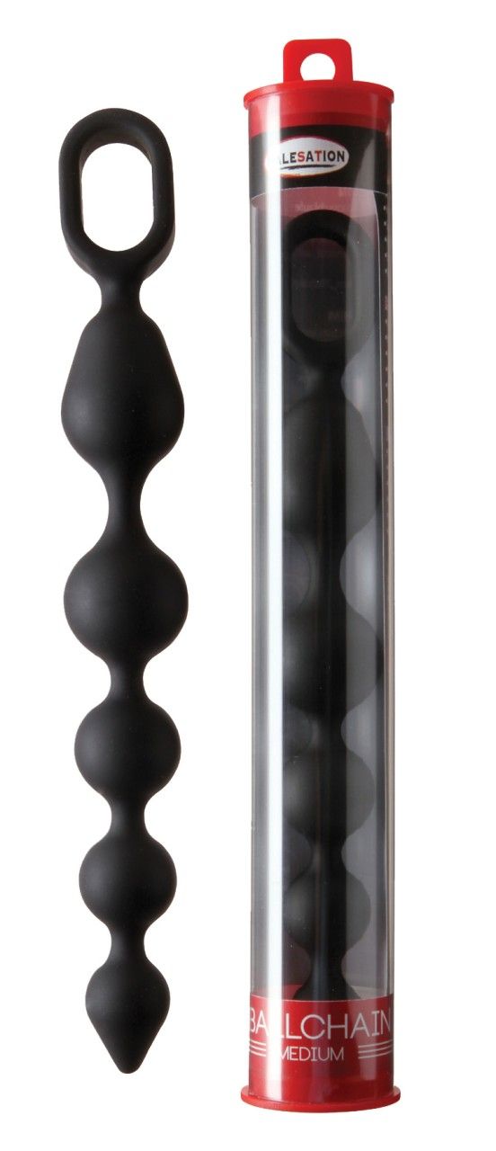 Schwarze Analkugelkette mit fünf Kugeln und einer Schlaufe, in transparenter Röhre.