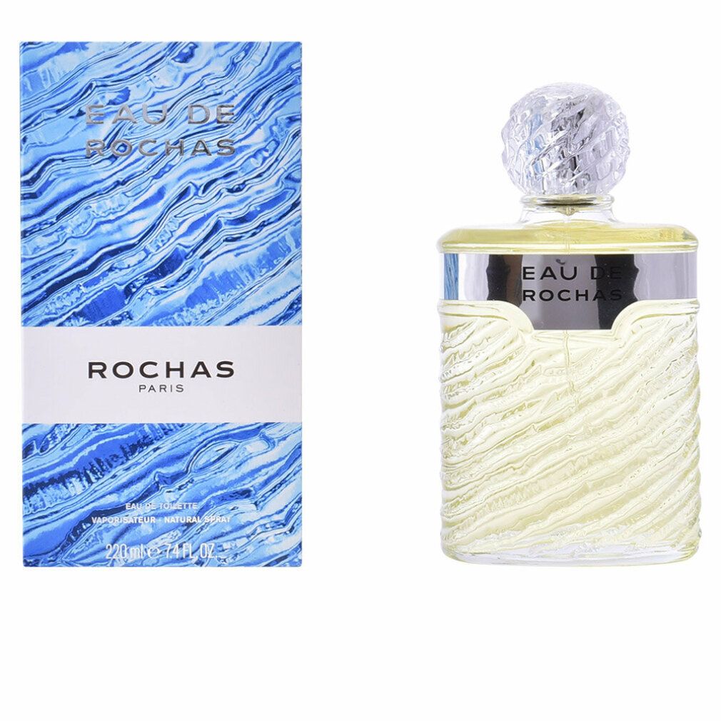 Parfümflasche und Verpackung. Flasche mit silbernem Band, Aufschrift "EAU DE ROCHAS". Blaue Verpackung mit "ROCHAS PARIS".
