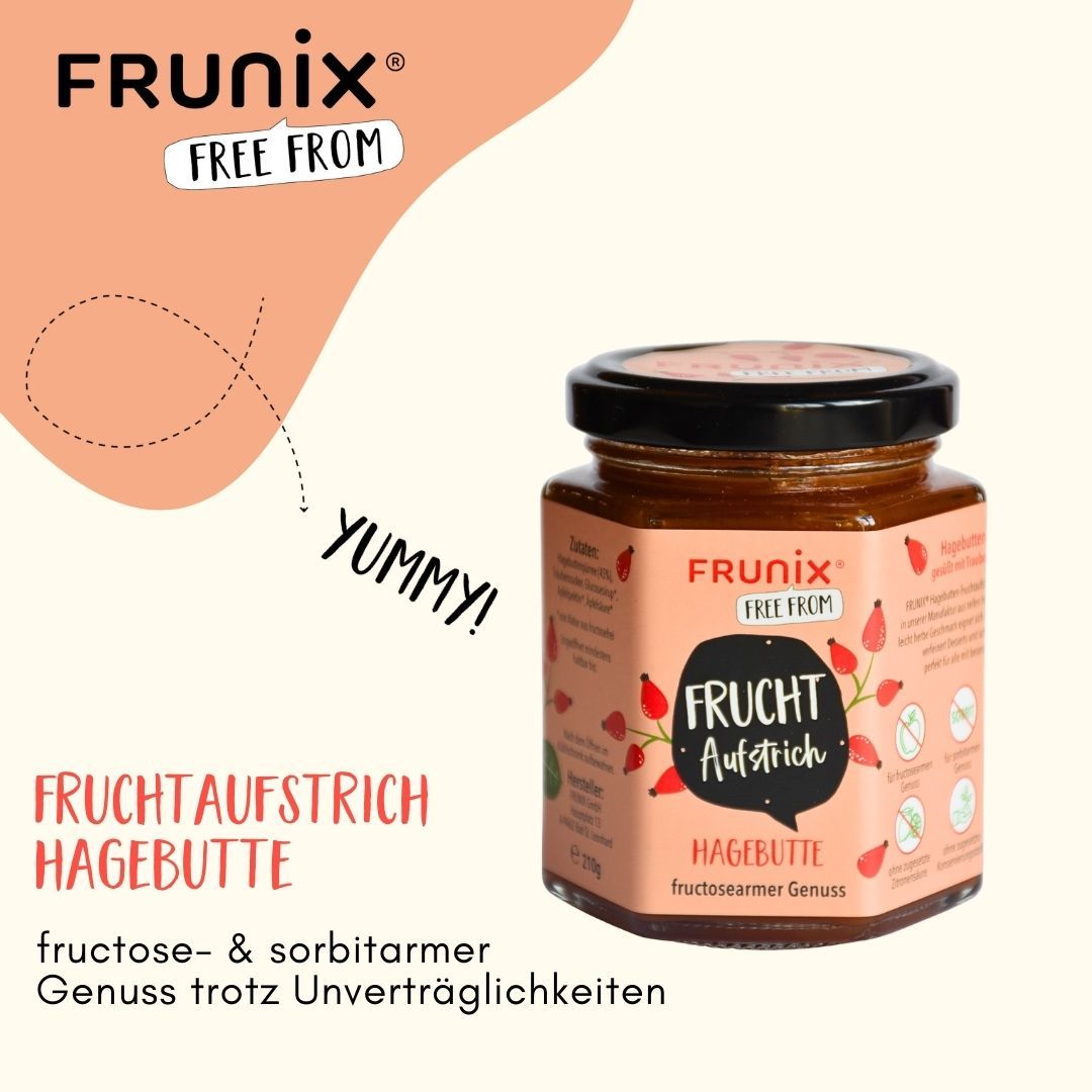 Glas mit FRUNIX® Hagebutten-Fruchtaufstrich. Rosa Etikett mit Produktname, Logo und Illustrationen. Schwarzer Deckel. Hintergrund mit Text und Illustrationen.