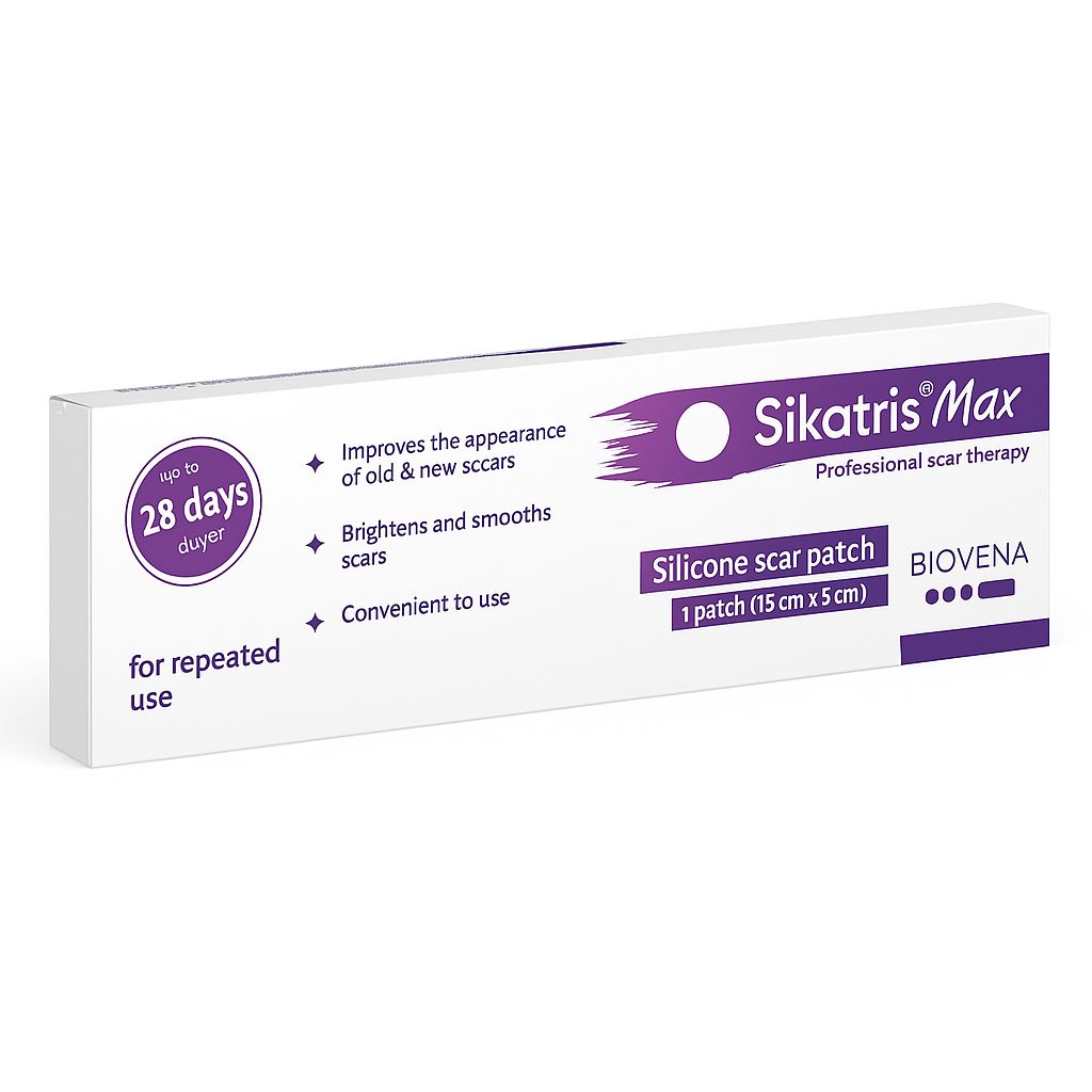 Verpackung mit Sikatris Max Narbenpflaster. Enthält ein Pflaster (15 cm x 5 cm).