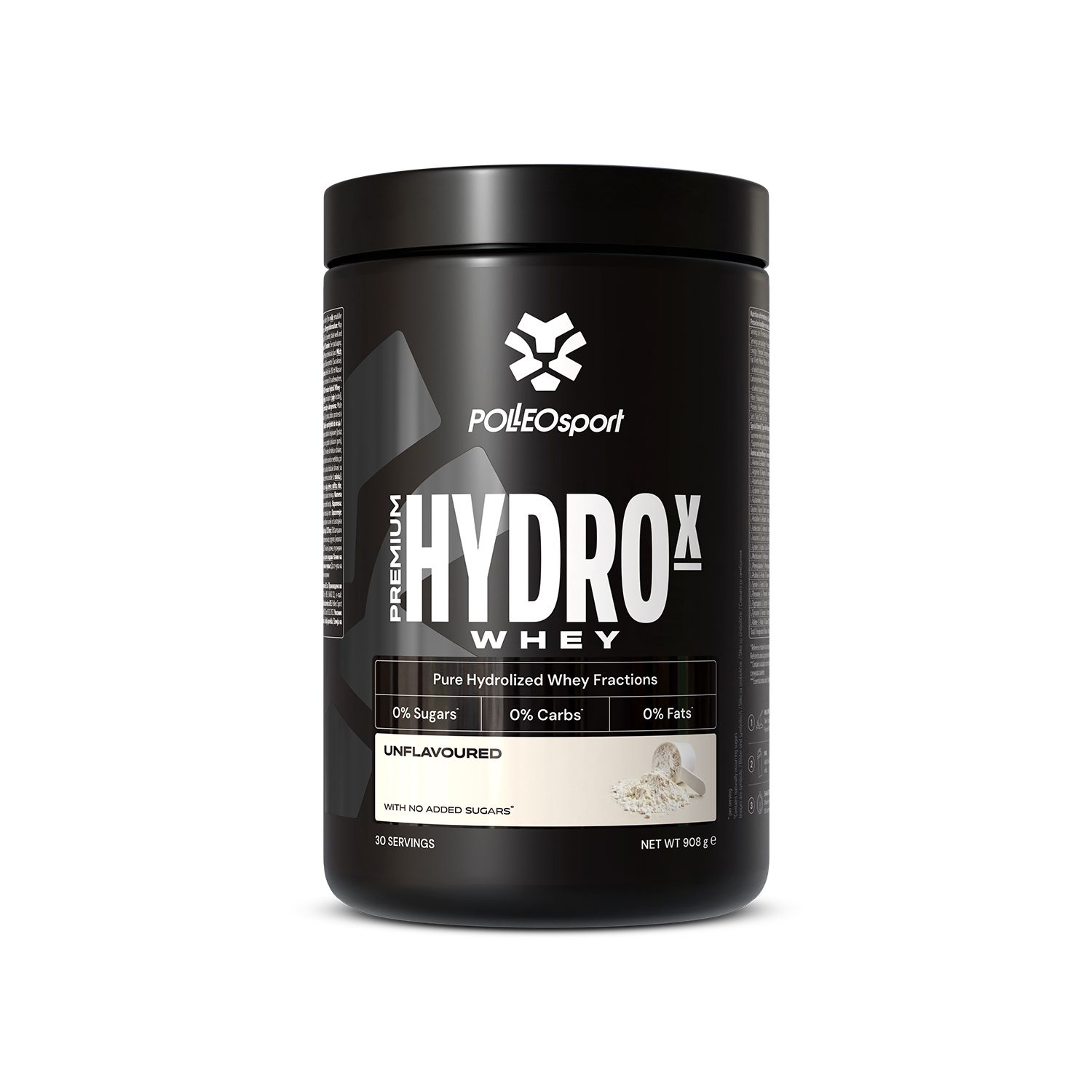 Schwarze Dose mit weißem Logo und Schriftzug: PREMIUM HYDROX WHEY. 0% Zucker, 0% Kohlenhydrate, 0% Fett. Unflavored.