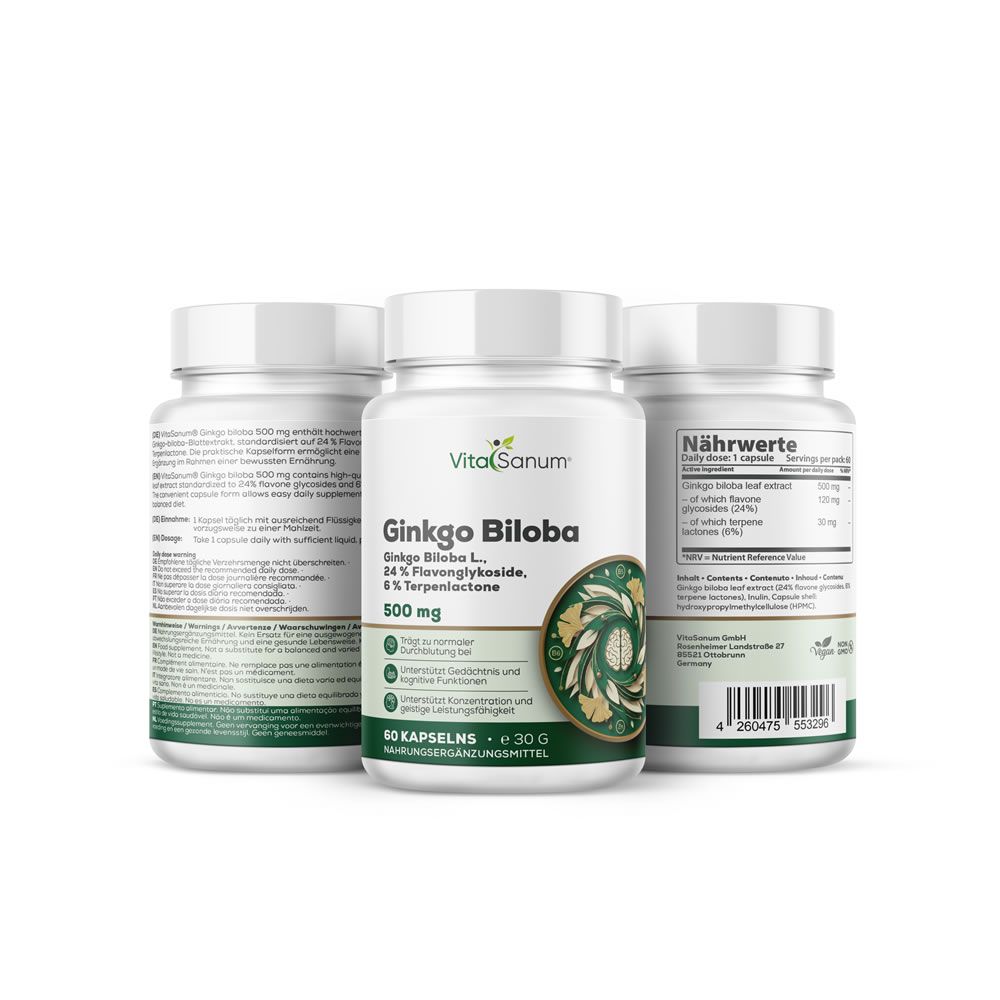 Drei weiße Flaschen VitaSanum® Ginkgo Biloba. Etiketten mit Produktinformationen und Nährwertangaben. 60 Kapseln.