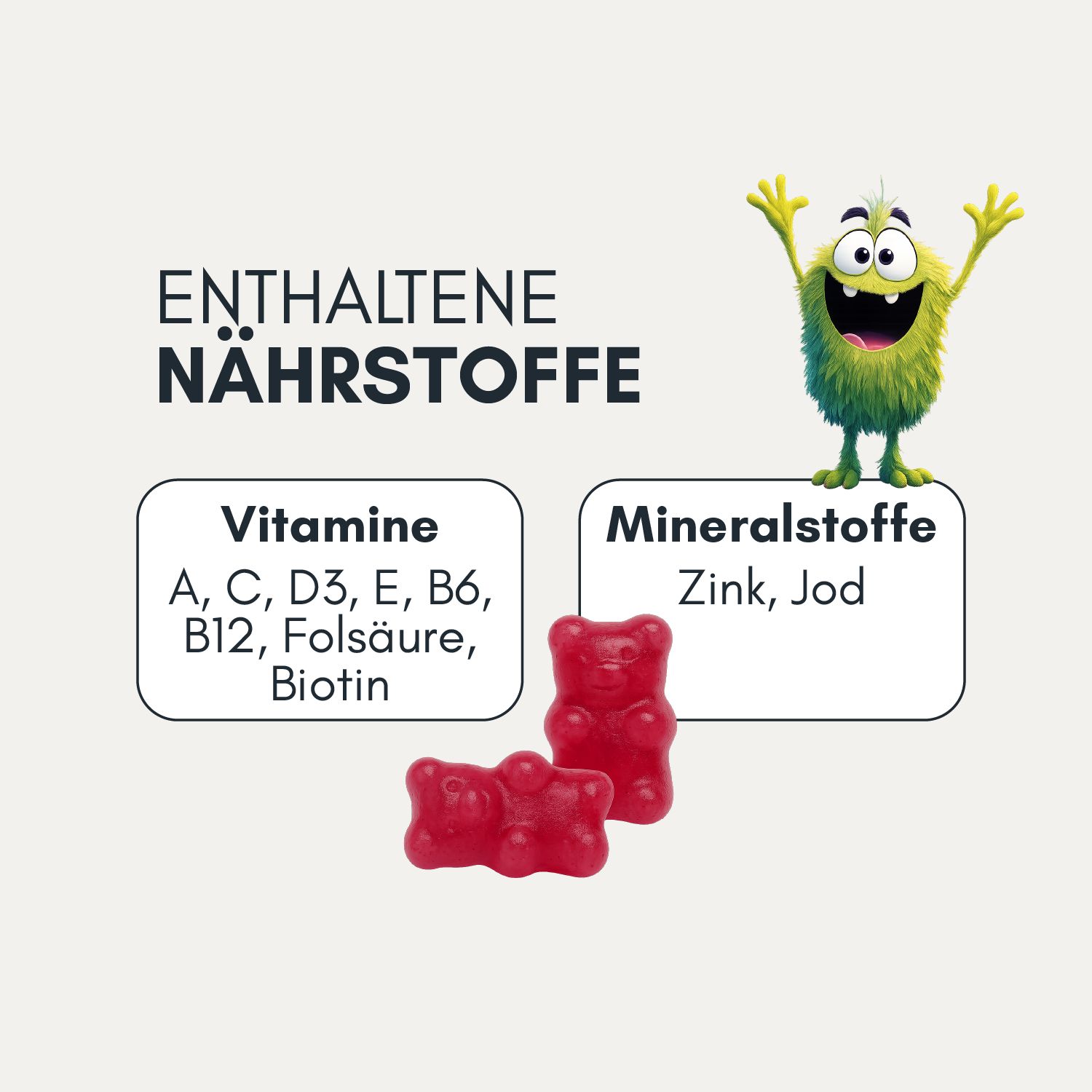 Gummibärchen in Bärenform. Enthält Vitamine A, C, D3, E, B6, B12, Folsäure, Biotin, Zink und Jod.