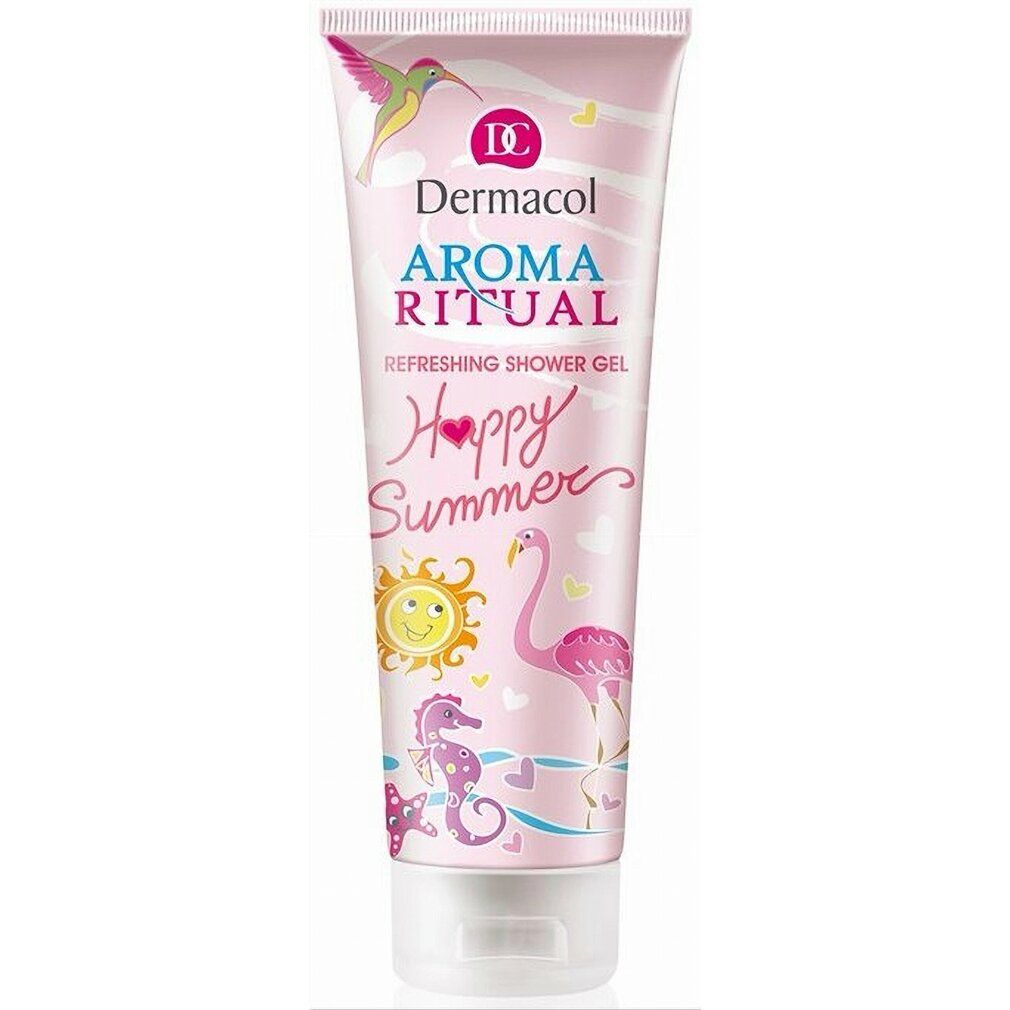 Rosa Tube mit "Dermacol Aroma Ritual Happy Summer" Duschgel. Illustrationen: Kolibri, Flamingo, Sonne, Seepferdchen.