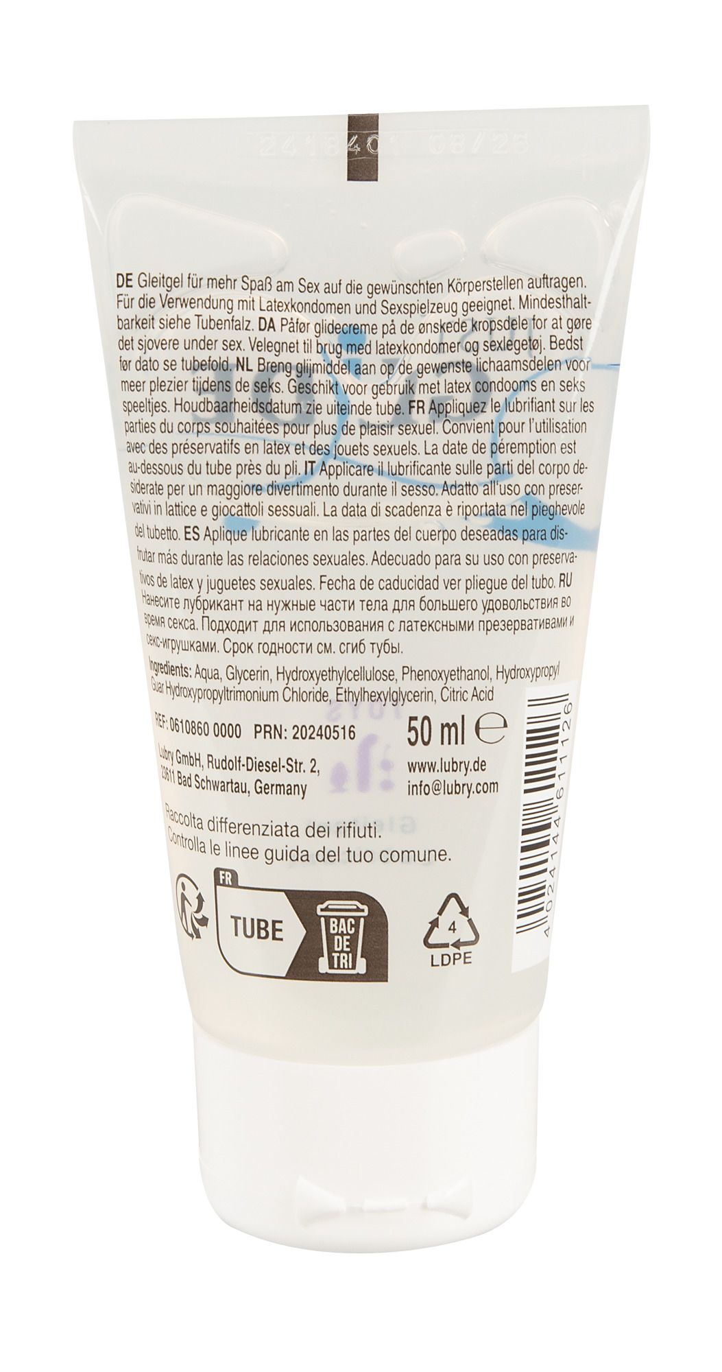 Rückseite einer 50ml Tube Gleitgel. Enthält Inhaltsstoffe und Anwendungshinweise.
