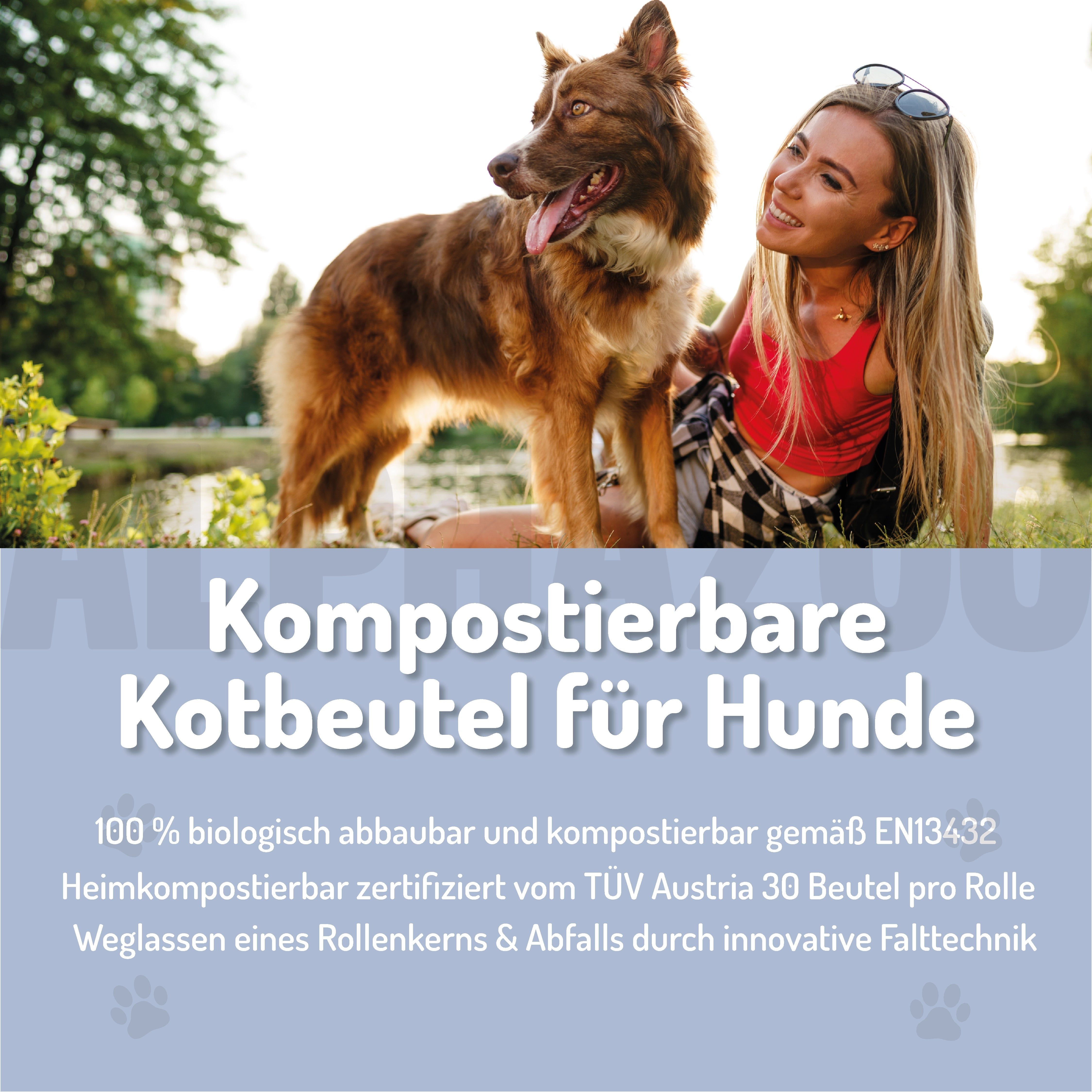 Kompostierbare Kotbeutel für Hunde. Text: 100% biologisch abbaubar und kompostierbar gemäß EN13432. Heimkompostierbar zertifiziert vom TÜV Austria. 30 Beutel pro Rolle.