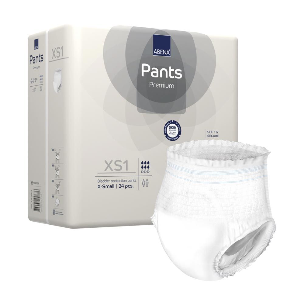 Abena Pants Premium XS1, weiß, neben der Verpackung. Auf der Verpackung: Marke, Produktname, Größe, Stückzahl, Hautschutz-Zertifizierung.