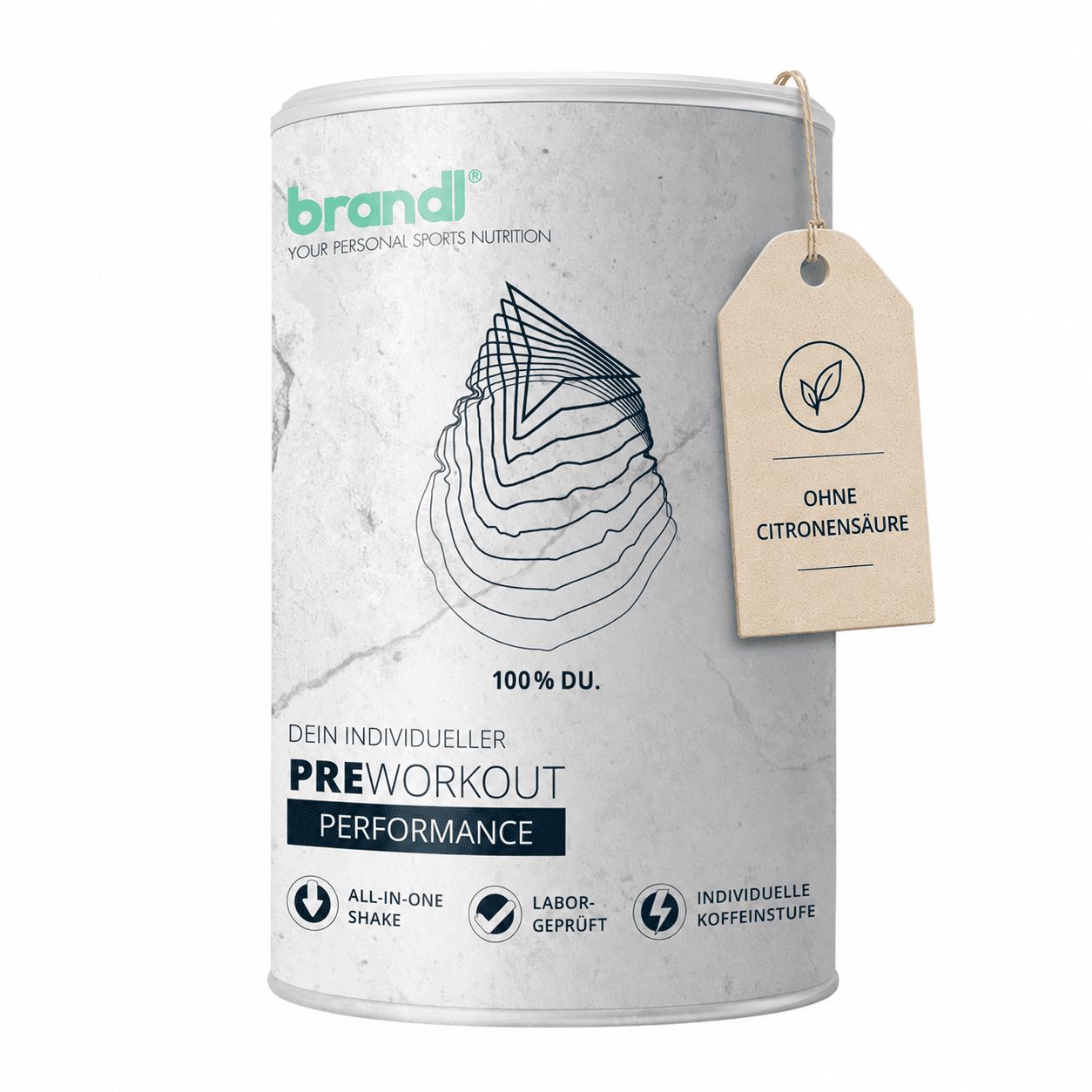 Dose brandl® Pre-Workout, Etikett: Ohne Zitronensäure. Text: 100% DU, Dein individueller Preworkout, All-in-One Shake, laborgeprüft, individuelle Koffeinstufe.