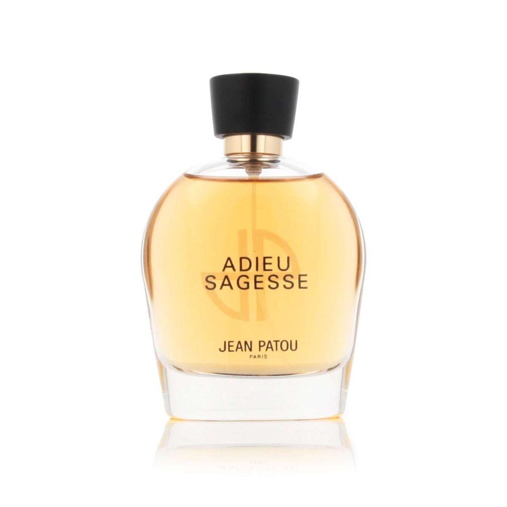 Parfümflakon von Jean Patou Adieu Sagesse. Rundes Glas, gelbe Flüssigkeit, schwarzer Deckel, goldener Kragen. Schriftzug Adieu Sagesse.