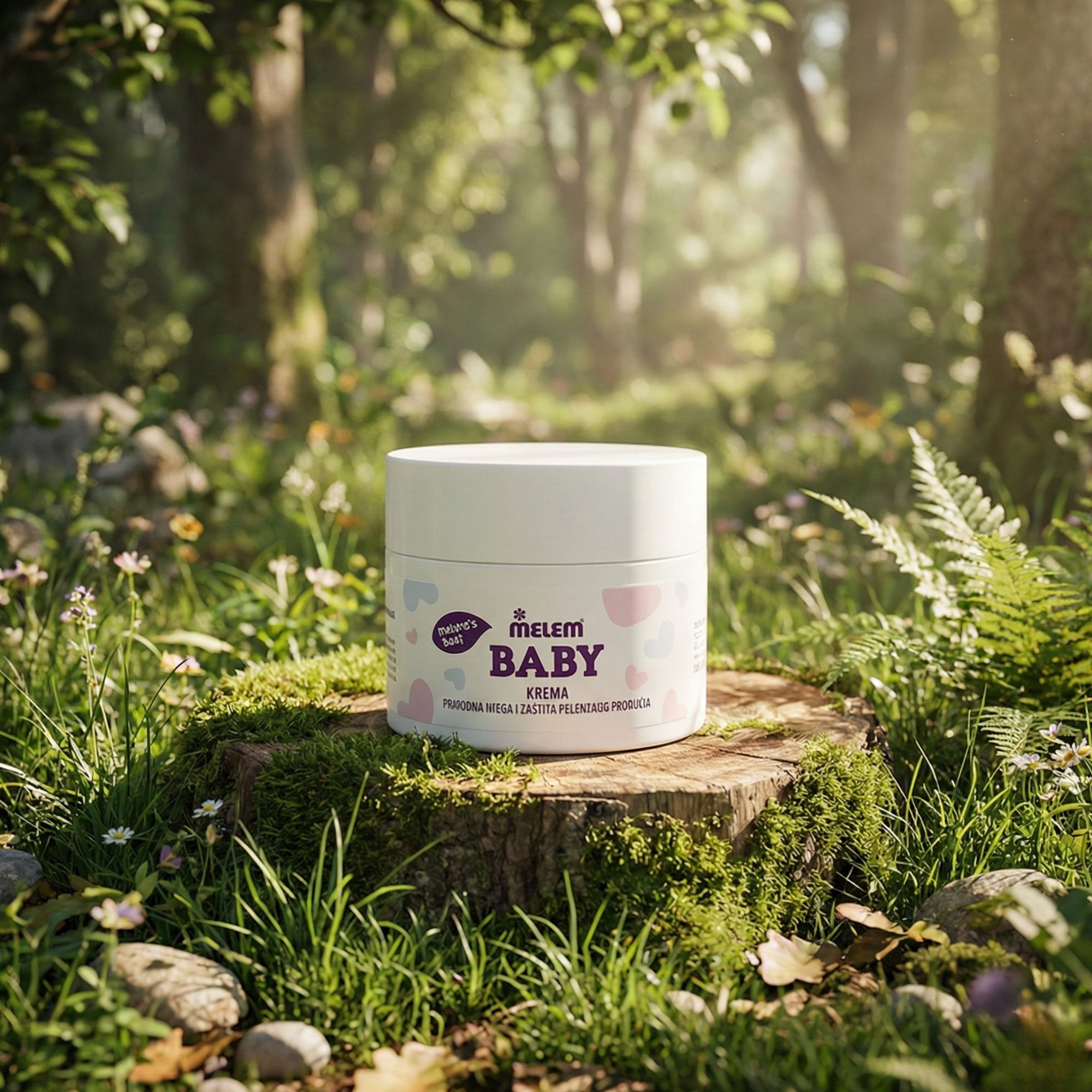 Weißer Creme-Tiegel auf Baumstumpf im Wald. Aufschrift: Melem Baby.
