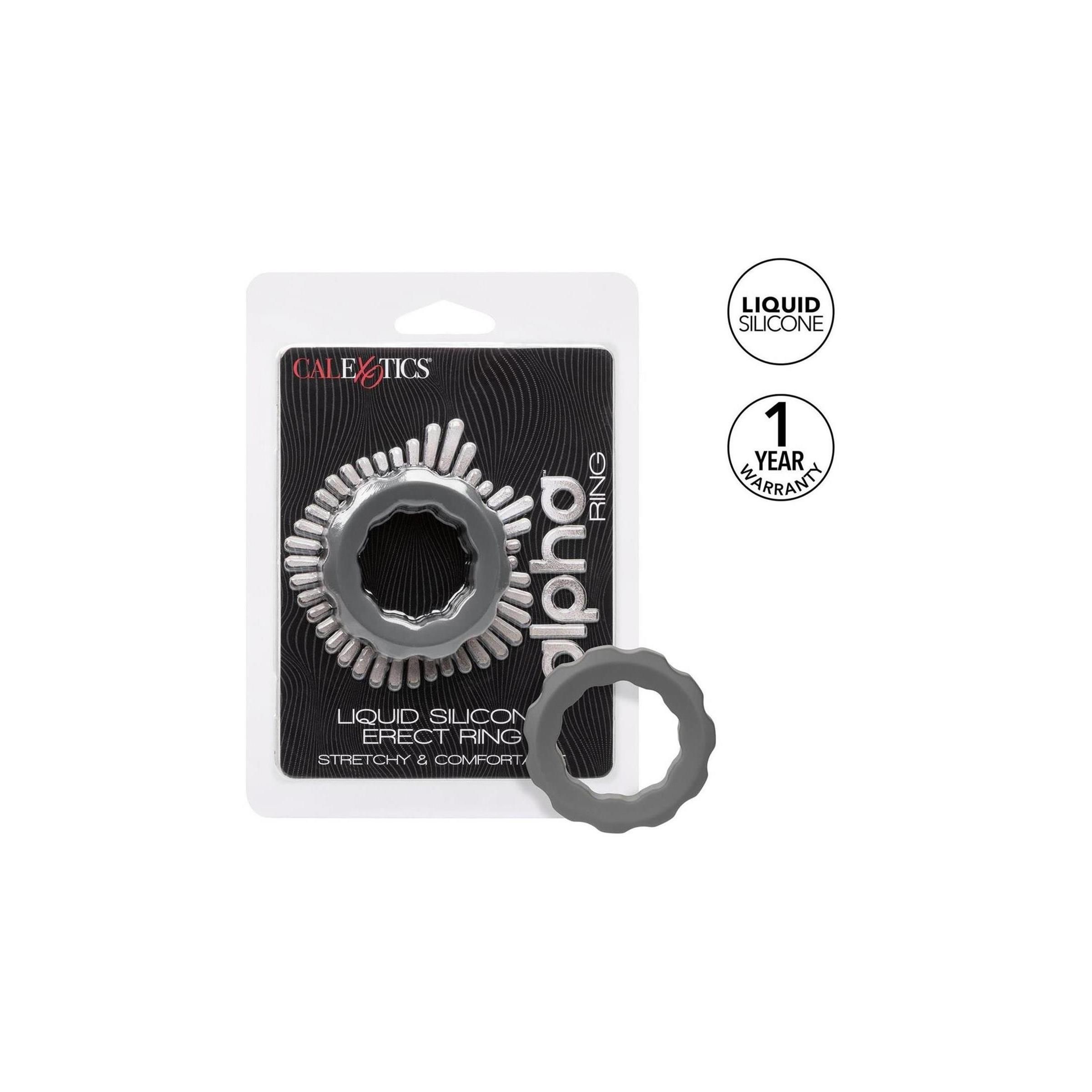 Grauer Silikon-Erektionsring in Blisterverpackung mit separatem Ring und Produktmerkmalen.