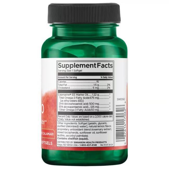 Rückseite der grünen Flasche. Aufschrift: Supplement Facts. Inhaltsstoffe und Nährwertangaben. Enthält Softgels.