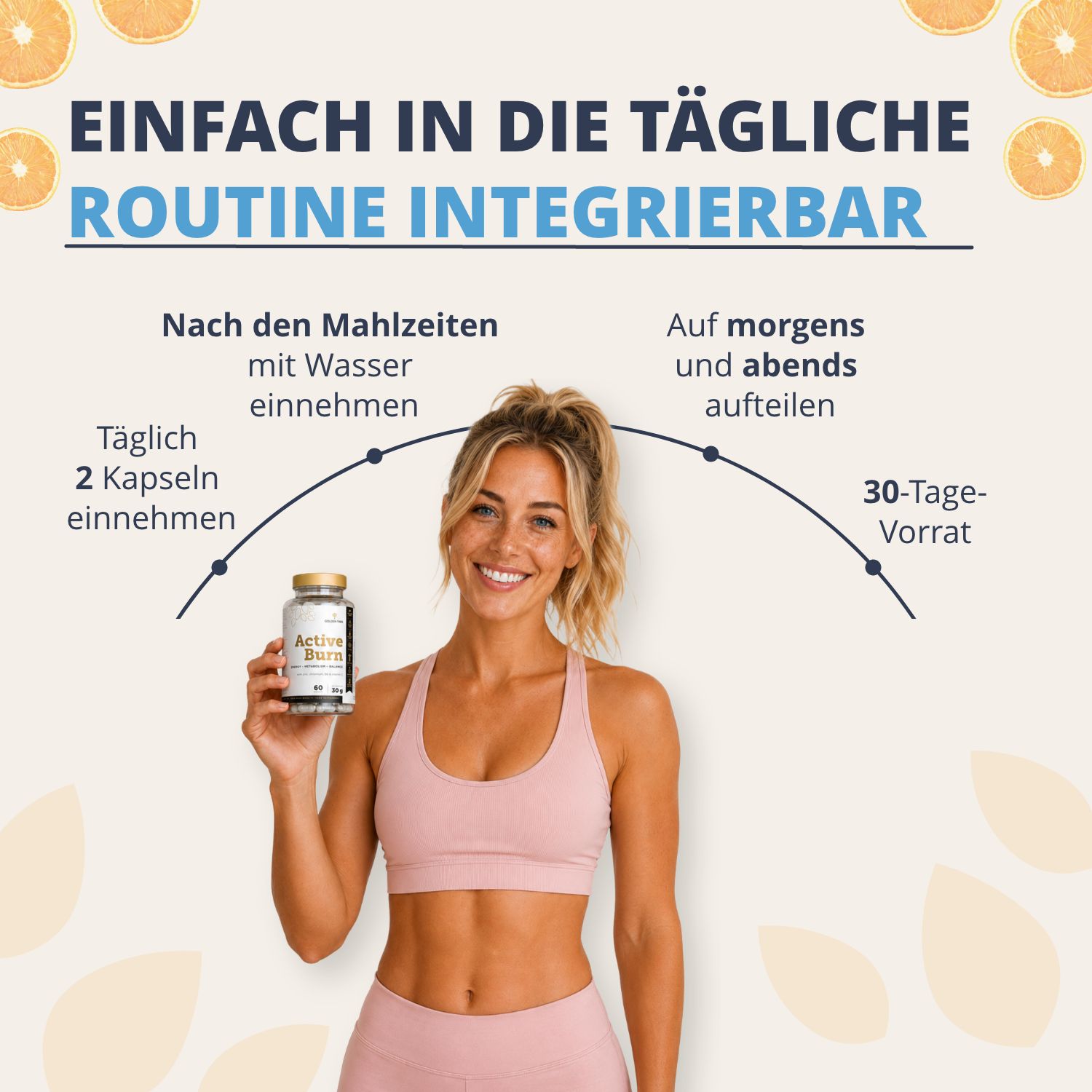 Frau hält Flasche Golden Tree Active Burn, mit Anleitung zur täglichen Einnahme.
