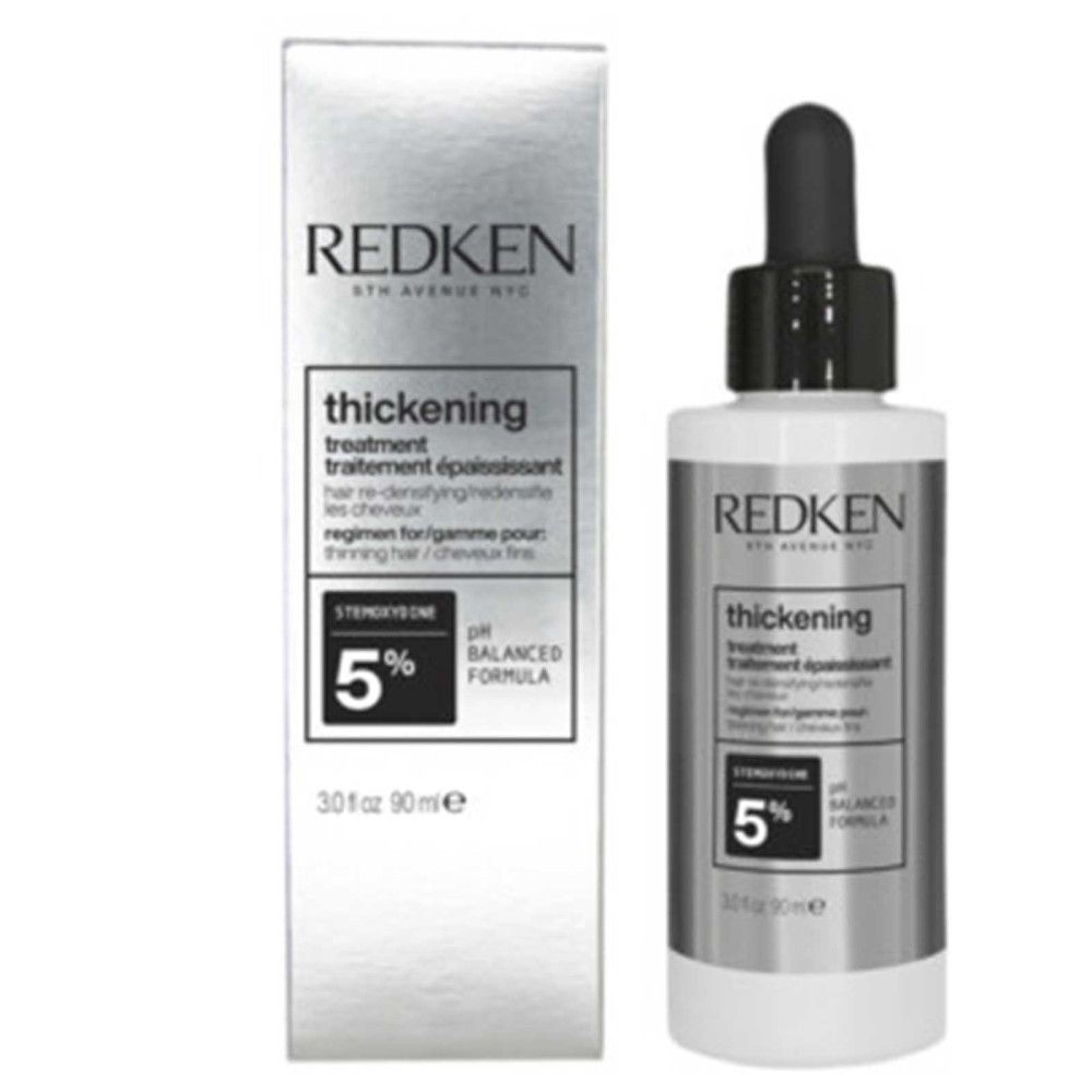 Redken-Produkt mit Verpackung. Aufschrift: thickening treatment. Enthält 5% Stemoxydine. Flasche mit Tropfer.