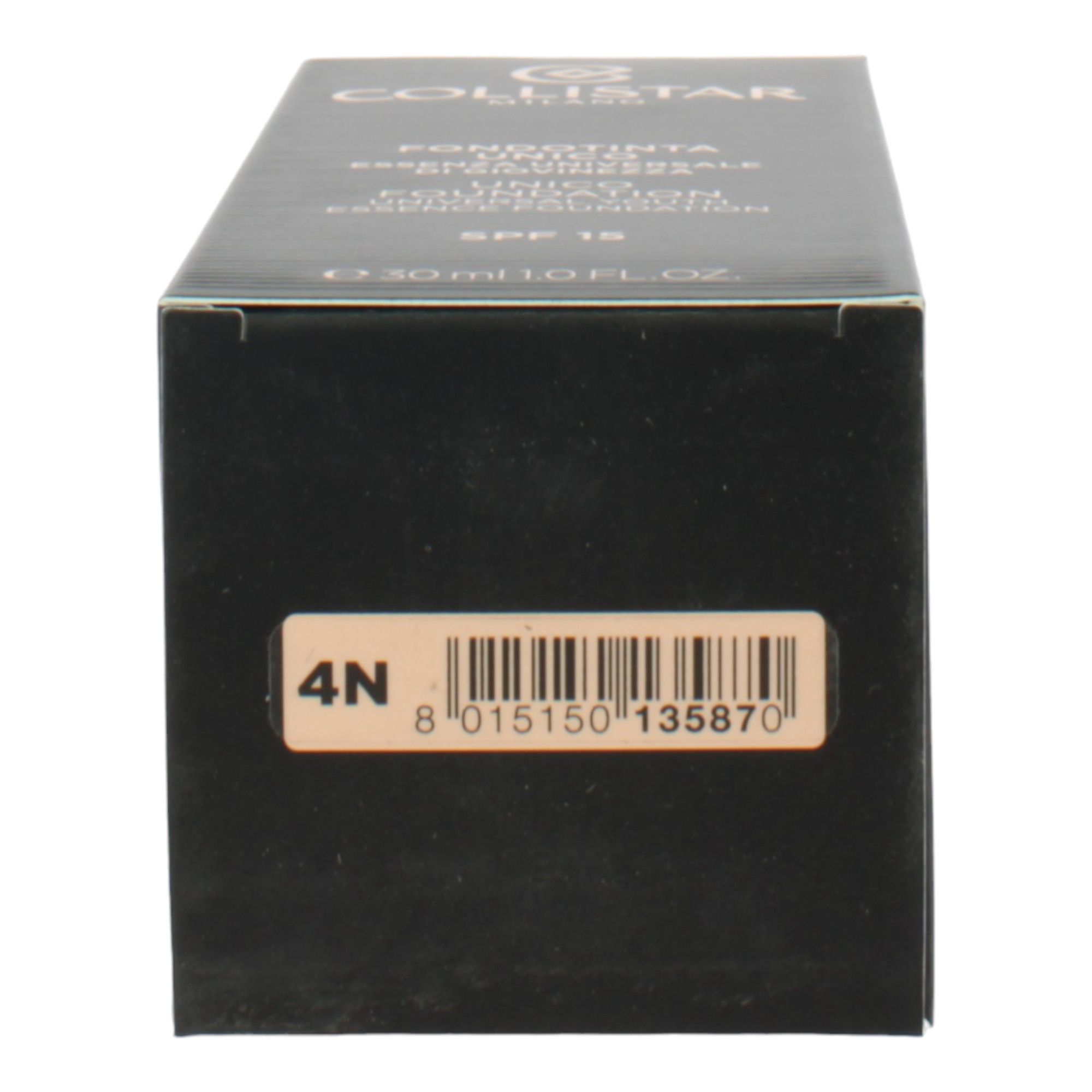 Schwarze Verpackung, Seitenansicht. Barcode und Farbcode 4N.