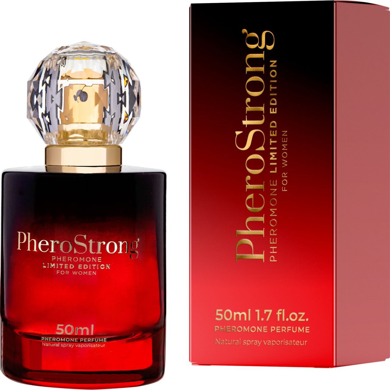 PheroStrong Pheromon Parfüm für Damen, 50ml. Rote Flasche mit Kristallverschluss und passender Schachtel.