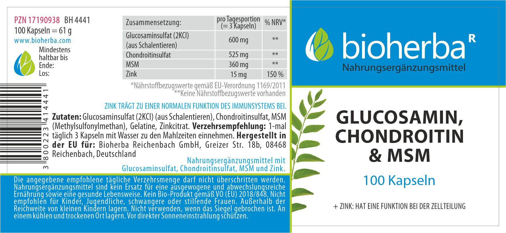 Etikett mit Produktinformationen. Enthält Informationen zu Inhaltsstoffen, Dosierung und Hersteller. Text in deutscher Sprache.