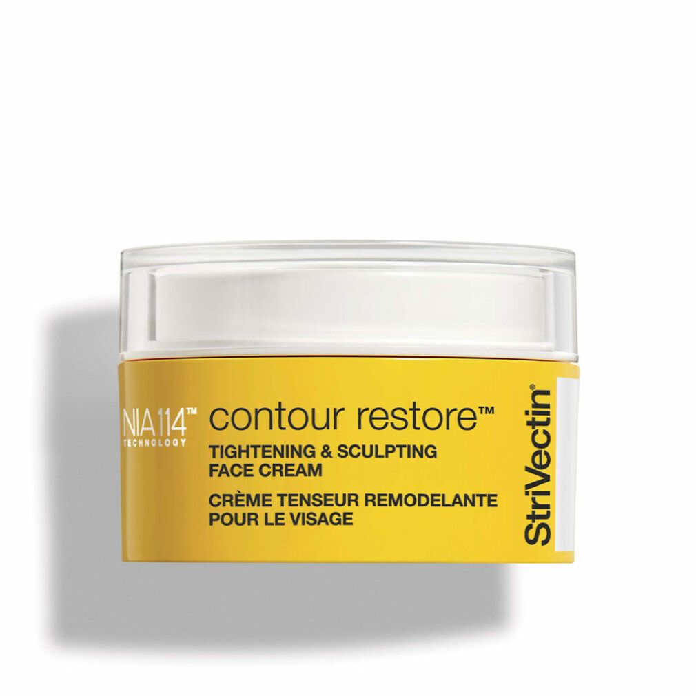 Gelbe Tiegel mit weißem Deckel. Aufschrift: "contour restore" und "TIGHTENING & SCULPTING FACE CREAM". Marke: Strivectin.