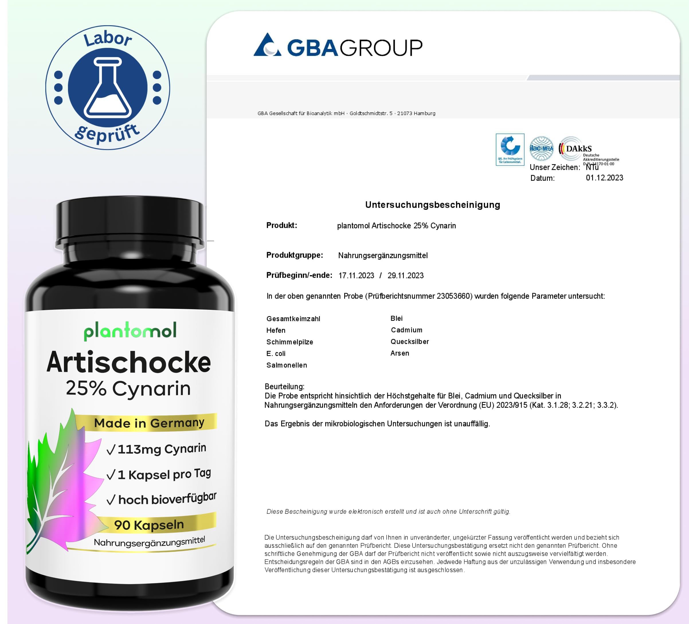 Produktflasche und Laborzertifikat. Flasche: Artischocke 25% Cynarin, 90 Kapseln. Zertifikat: GBA Group, Labor geprüft. Analyseergebnis.