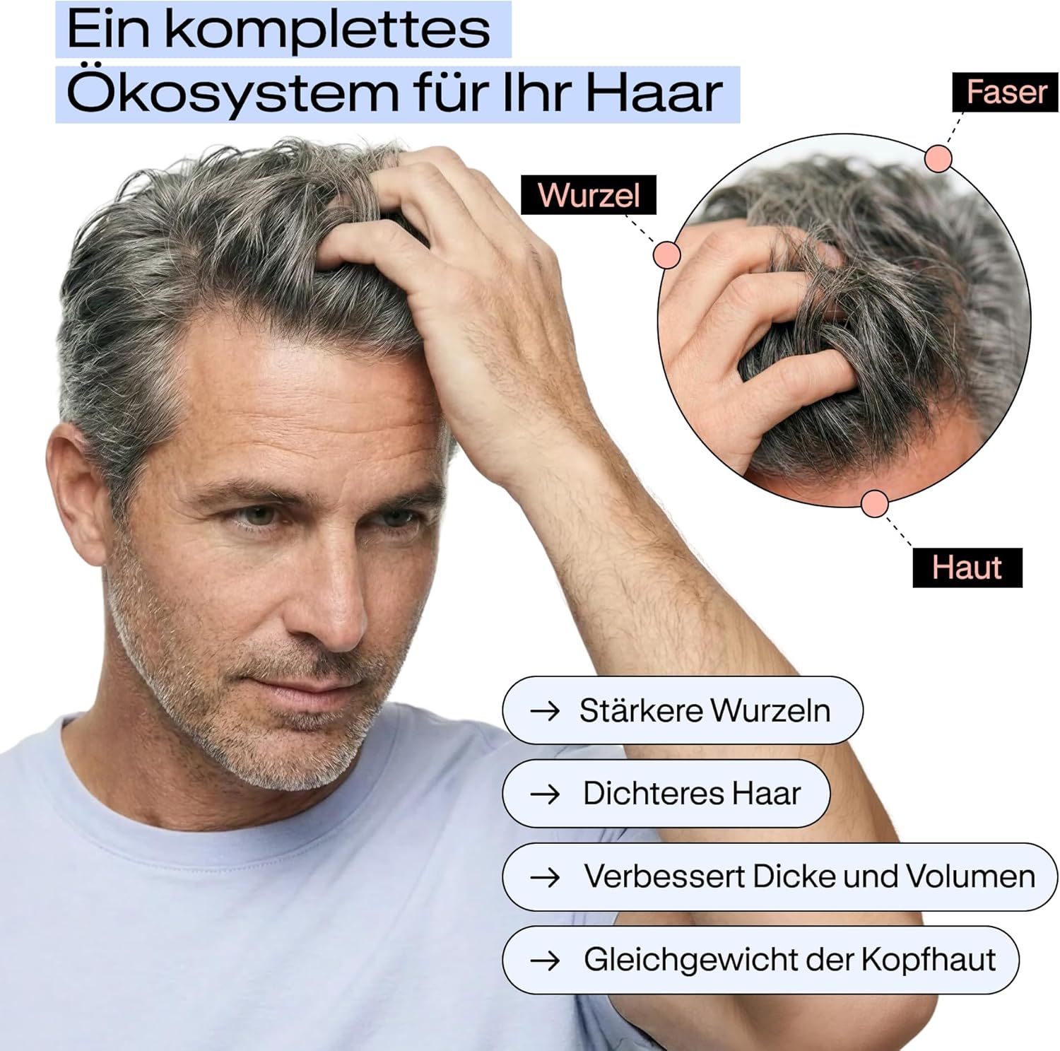 Mann kratzt sich am Kopf. "Ein komplettes Ökosystem für Ihr Haar".