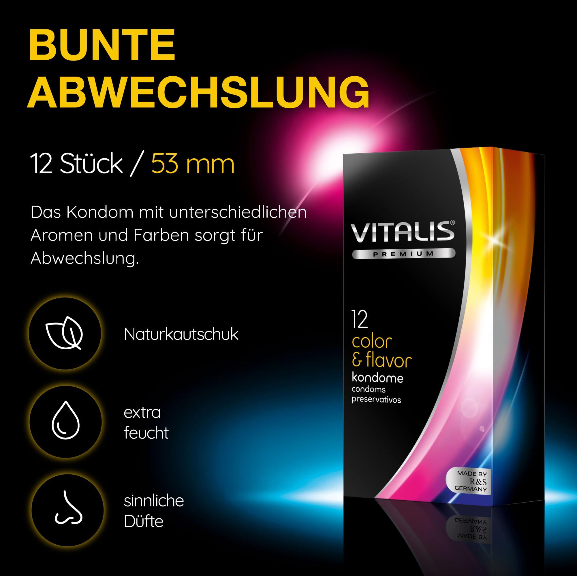 Vitalis Kondome Color & Flavor 12 Stück, 53mm. Naturkautschuk, extra feucht, sinnliche Düfte.