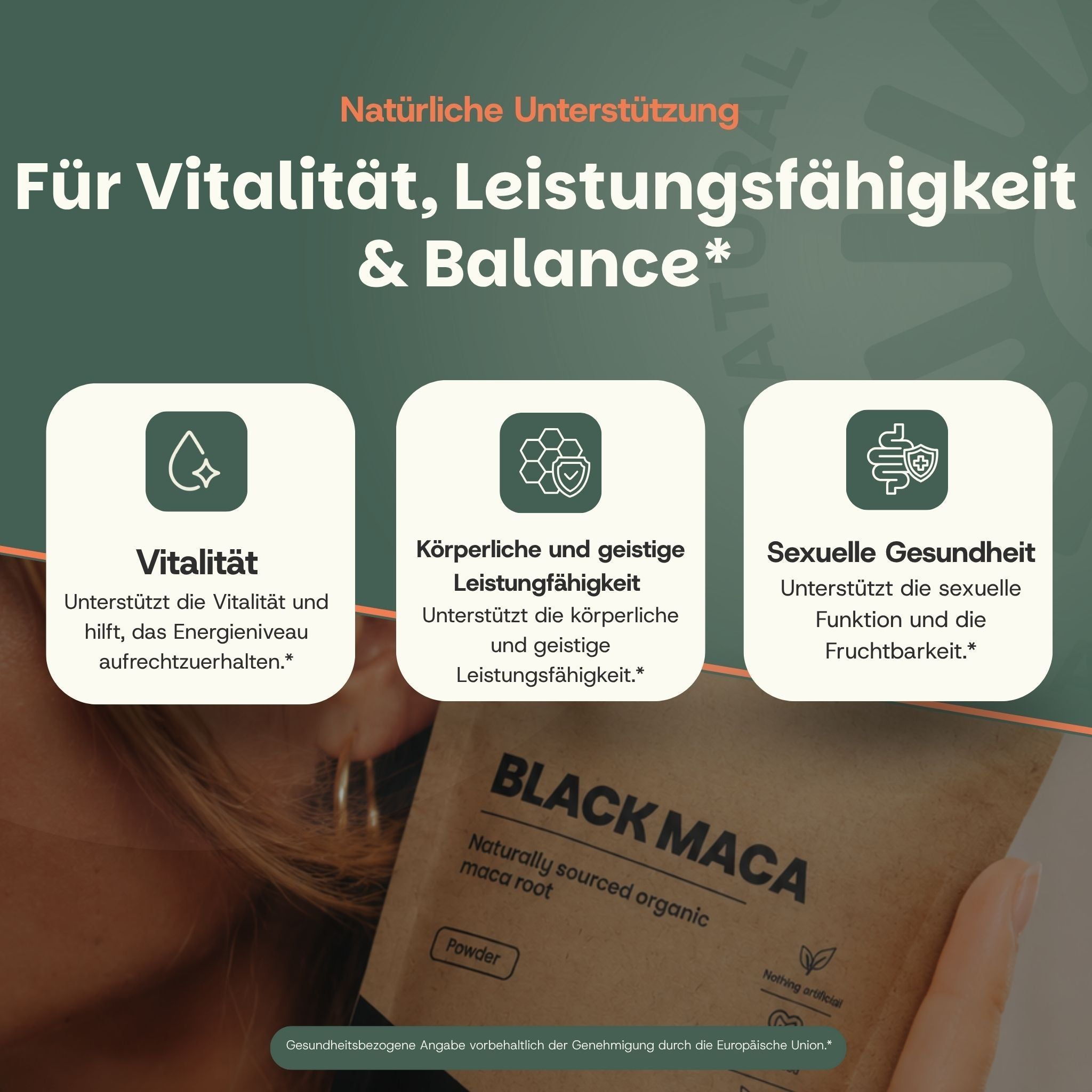 Braune Papiertüte mit schwarzem Maca Pulver. Beschriftung: 'BLACK MACA', 'Naturally sourced organic maca root', 'Powder'. Drei Icons mit Text zu Vitalität, körperlicher und geistiger Leistungsfähigkeit, sexueller Gesundheit.