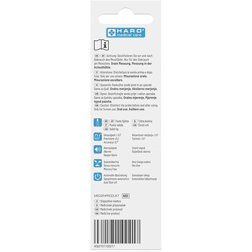 Rückseite der Thermometer-Verpackung. HARO medical care. Informationen in mehreren Sprachen. Icons und Produktmerkmale.