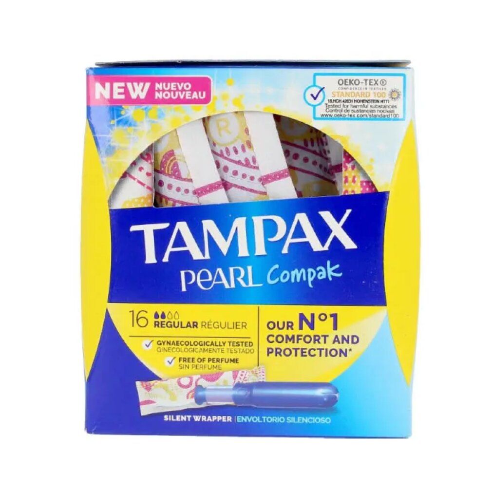 Verpackung mit Tampons. Marke: Tampax Pearl Compak. 16 Stück, Regular. Mit Oeko-Tex-Zertifizierung. Gynaekologisch getestet.