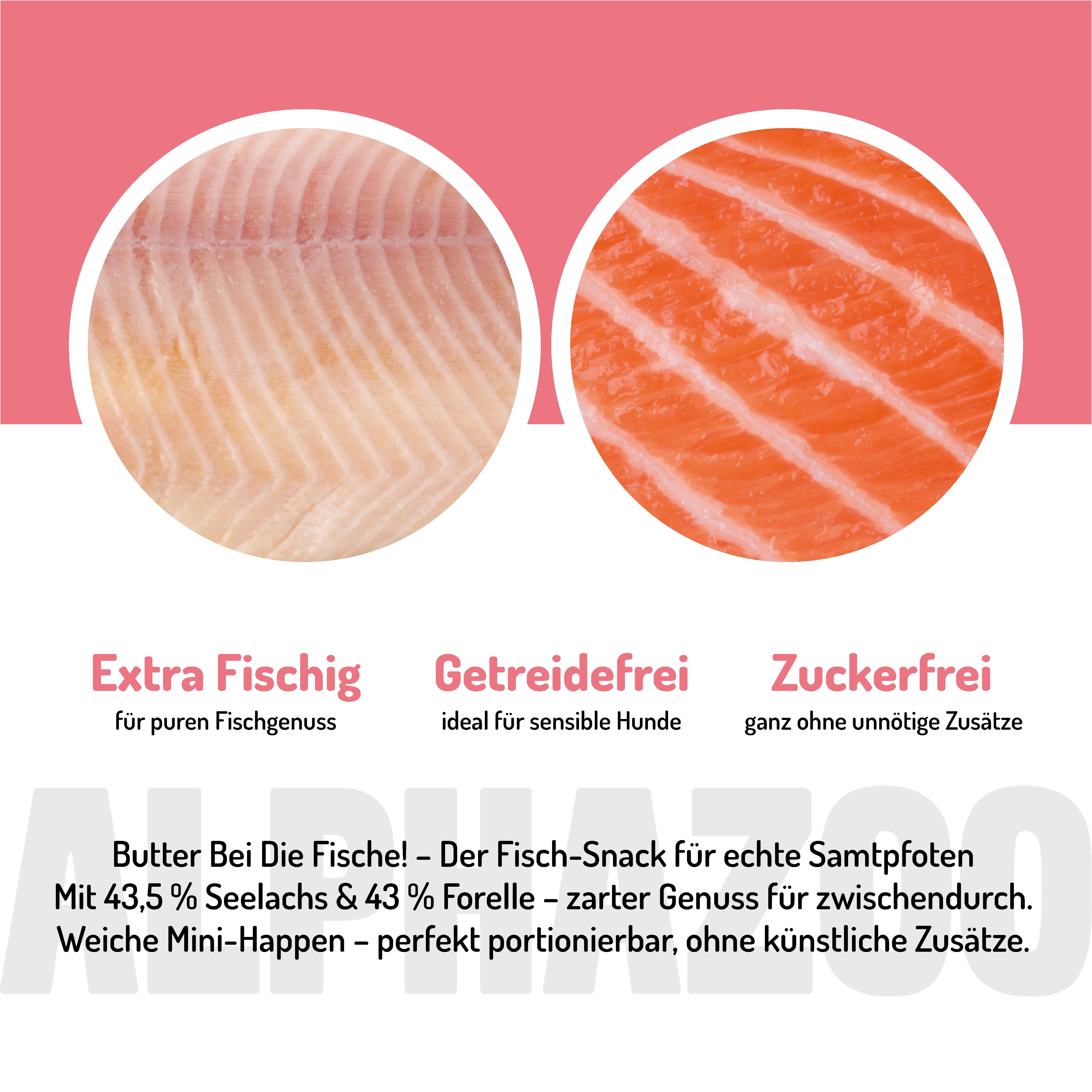 Nahaufnahme von Fischfilet und Lachs. Text: Extra Fischig, Getreidefrei, Zuckerfrei. Produktbeschreibung.
