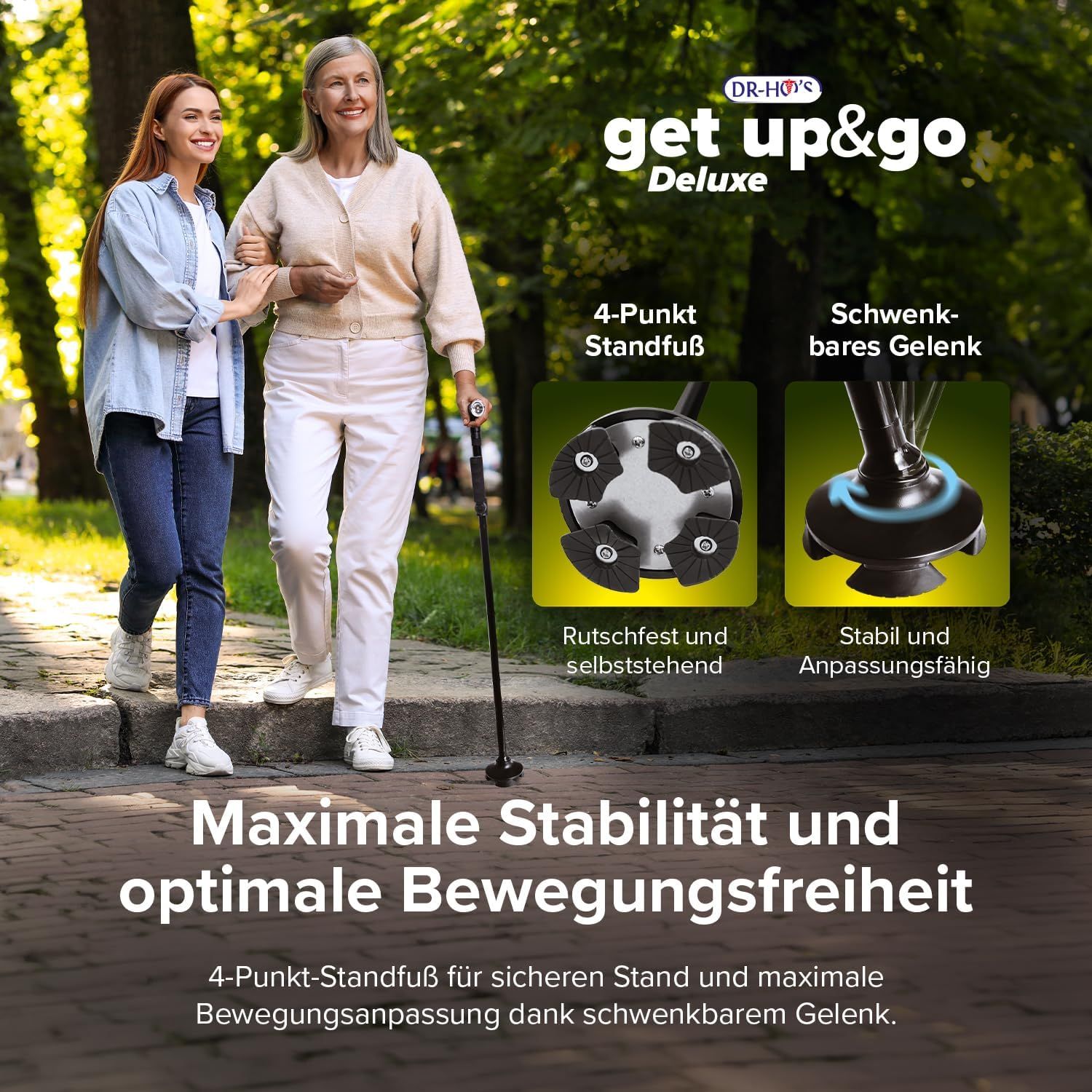 DR-HO'S Gehstock mit 4-Punkt-Standfuß und schwenkbarem Gelenk für Stabilität.