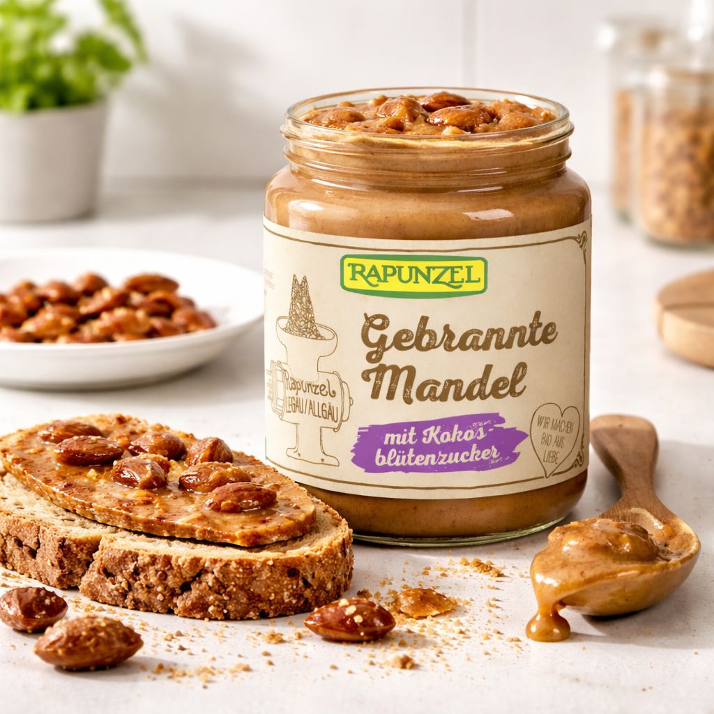 Rapunzel Gebrannte Mandel Aufstrich mit Kokosblütenzucker im Glas, auf Brot und Apfelscheiben.