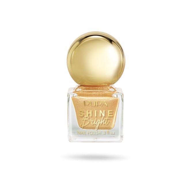 Pupa Shine Bright Nagellack in Golden Sand. Glitzernder goldener Nagellack in einem transparenten Flakon mit goldenem Deckel.