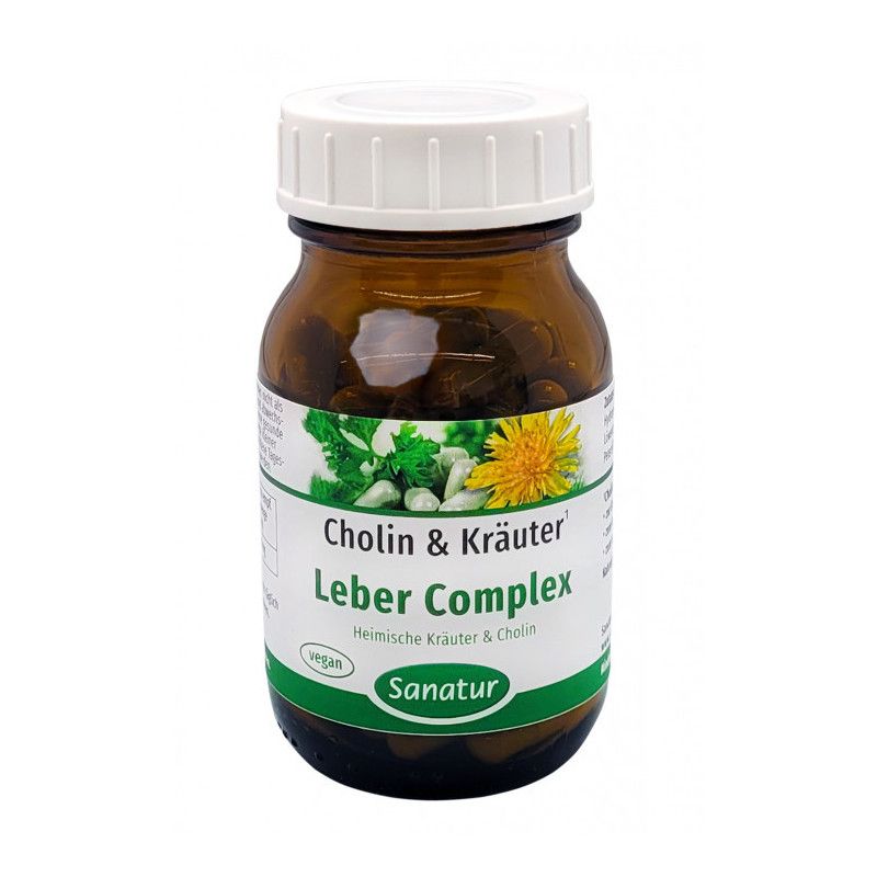 Braune Glasflasche mit weißem Deckel. Etikett mit "Cholin & Kräuter", "Leber Complex" und "Sanatur". Vegan-Siegel.