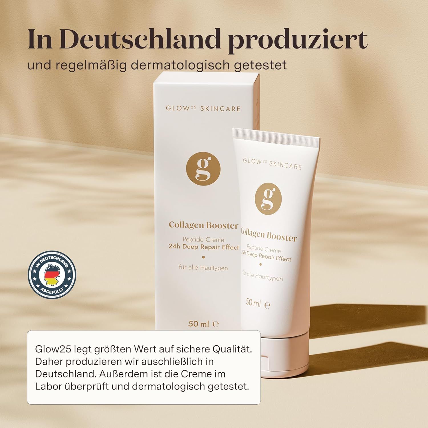 Creme-Tube und Verpackung. Text: "Collagen Booster", "50 ml".