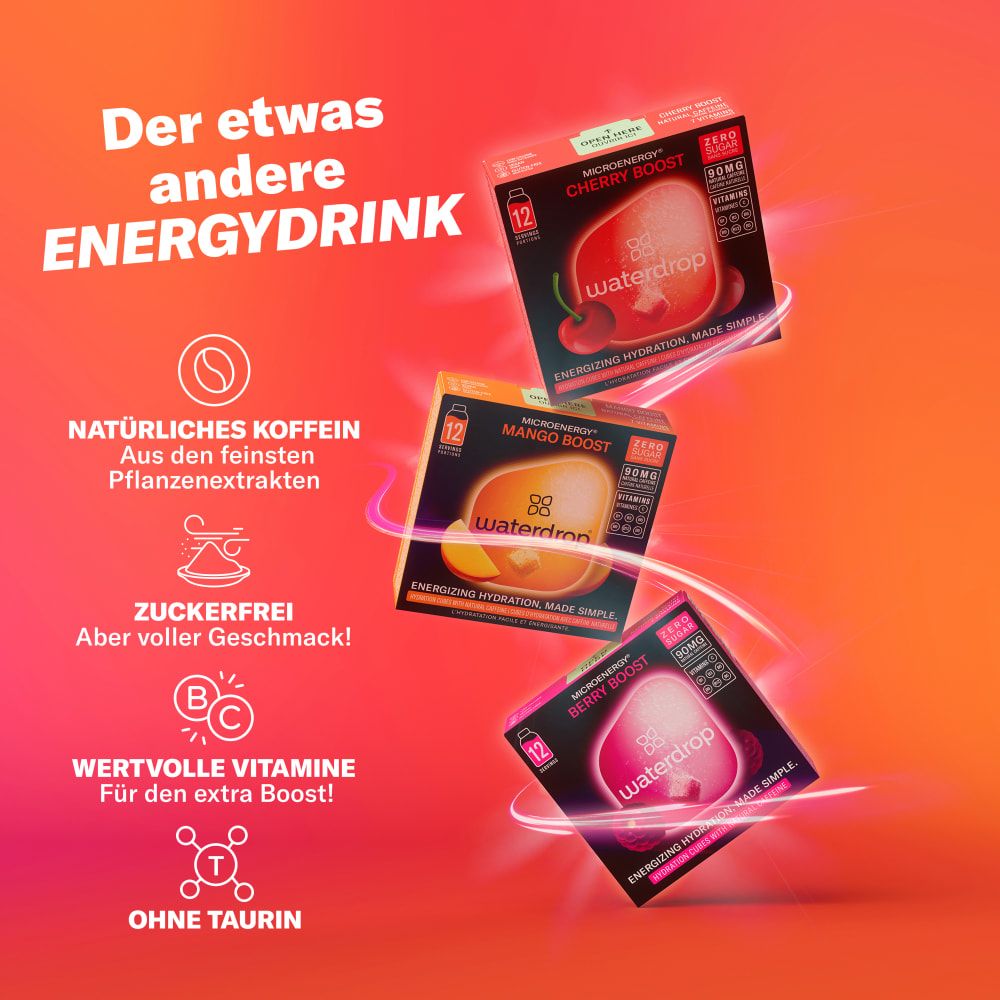 Packung 'Cherry Boost' von waterdrop® mit Kirschen und dem Schriftzug 'Ohne Zucker'.