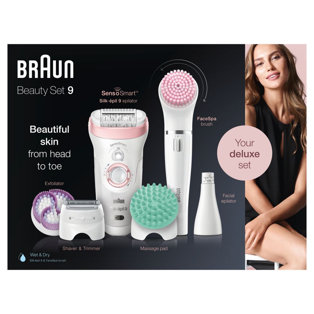 Braun Beauty Set 9. Epilierer, Gesichtsepilierer, Peelingbürste, Massagepad und Rasierer. Verpackung mit Frau.