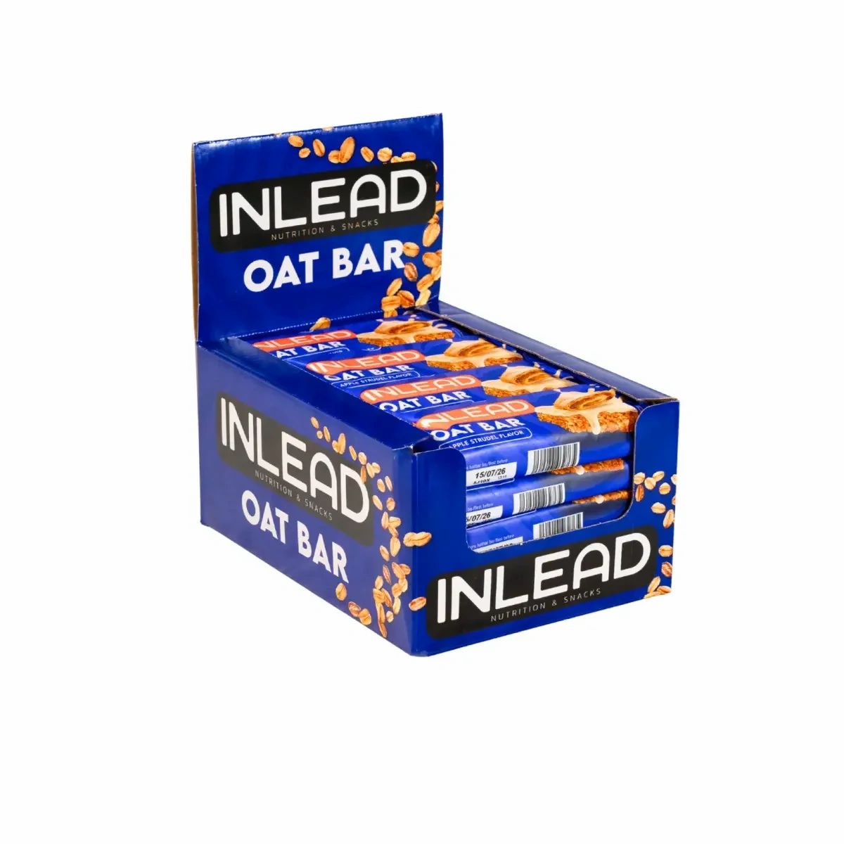 Blau-weiße Kartonverpackung mit "INLEAD OAT BAR"-Schriftzug. Enthält mehrere einzeln verpackte Riegel. Haferflocken-Dekoration.