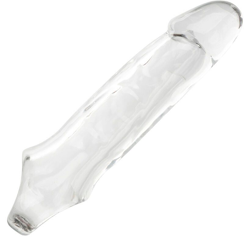 Transparente Penisverlängerung. Schräge Ansicht. Längliche Form mit abgerundeter Spitze und Öffnung am unteren Ende.